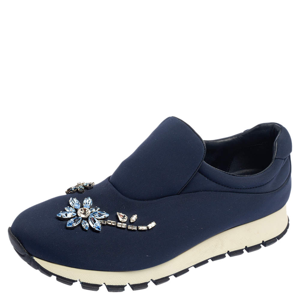 Pre Owned Prada Blue Nylon Catch Me If You Can Crystal Embellished Slip On Sneakers Size 36.5