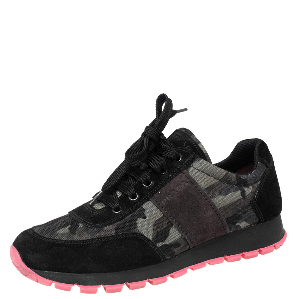 Pre Owned Prada Sport Black Camouflage Nylon And Suede Low Top Sneakers Size 38