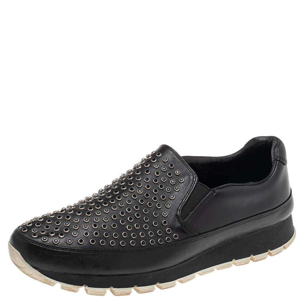 Pre Owned Prada Sport Black Leather Embellished Slip On Sneakers Size 41