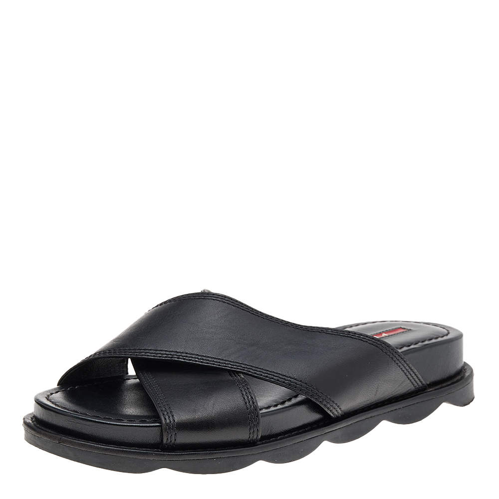 Pre Owned Prada Sport Black Leather Criss Cross Flat Slides Size 38