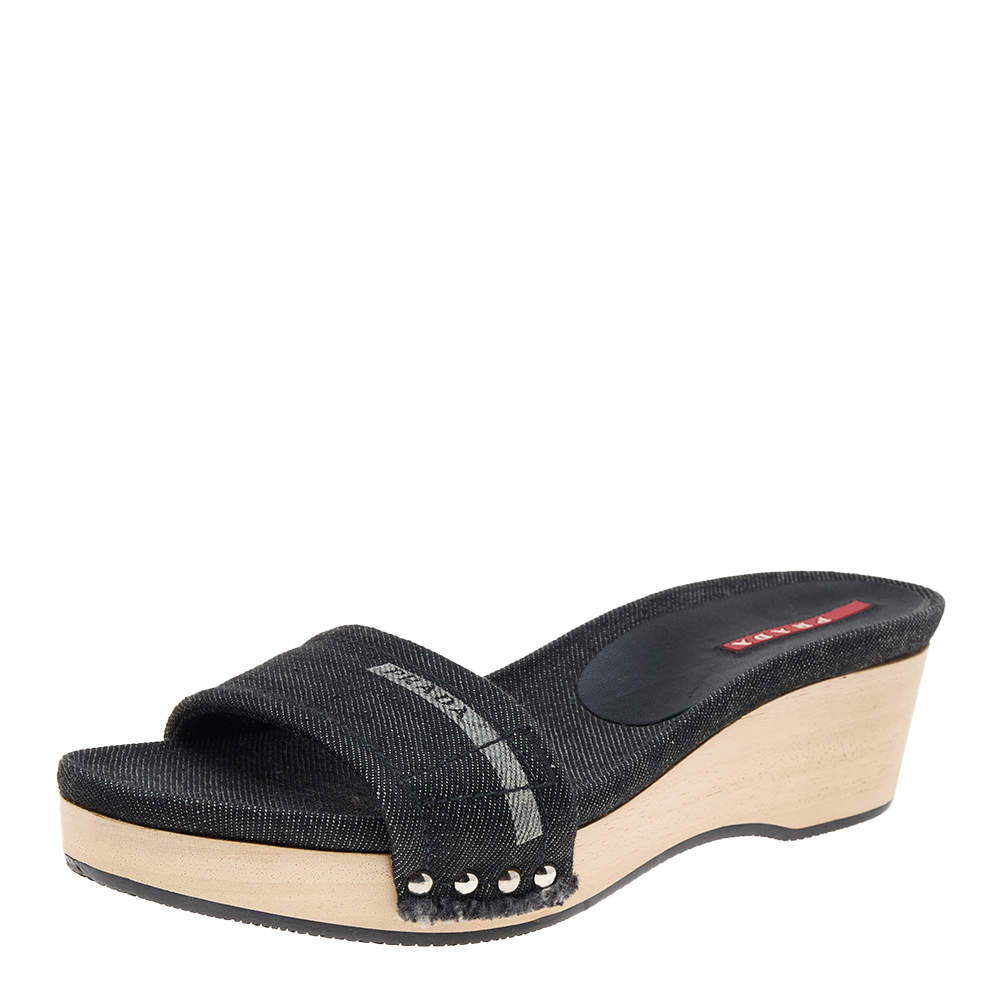 Pre Owned Prada Sport Black Canvas Wedge Slide Sandals Size 37.5