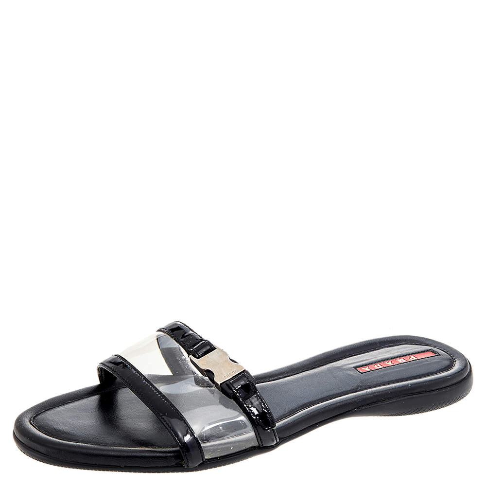 Pre Owned Prada Sport Black Patent Leather And PVC Open Toe Flat Slides Size 36.5 