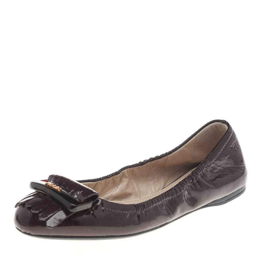 Pre Owned Prada Sport Burgundy Patent Leather Fringe Detail Ballet Flats Size 37