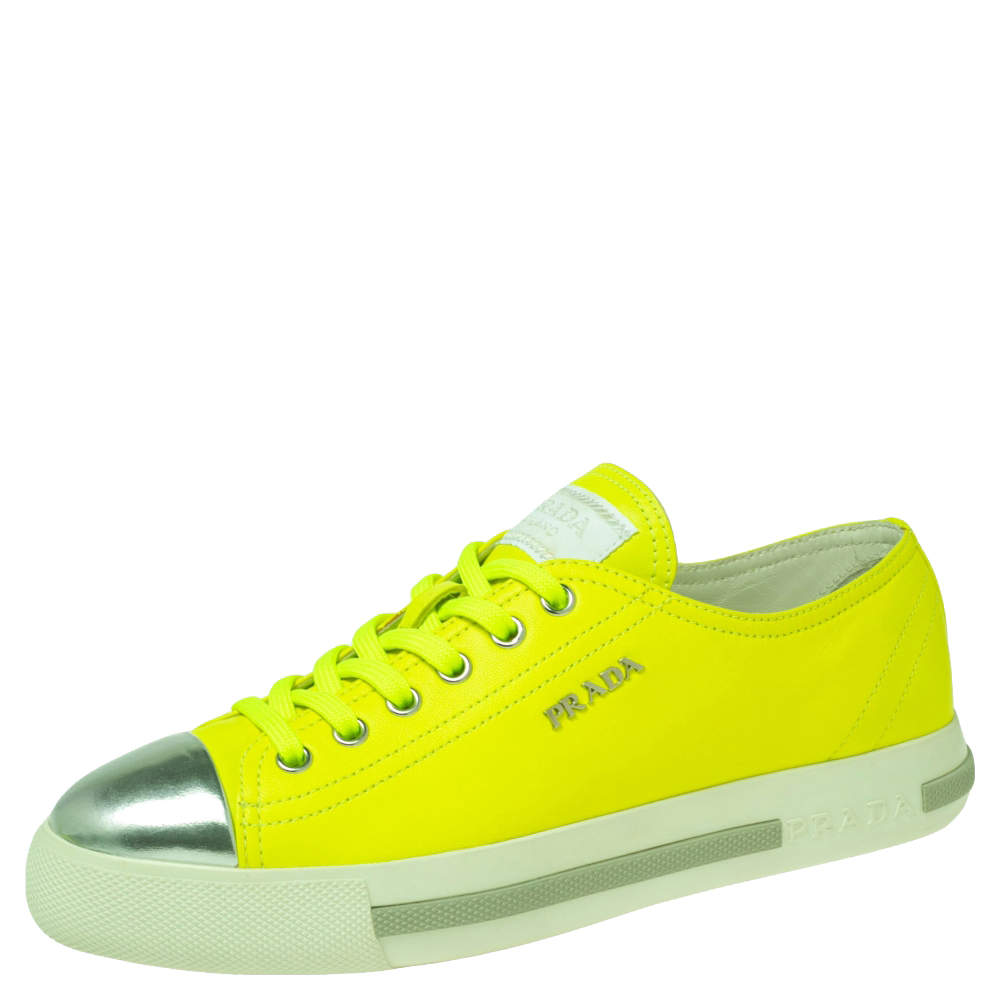 Pre Owned Prada Sport Neon Green/Silver Leather Cap Toe Low Top Sneakers Size 36