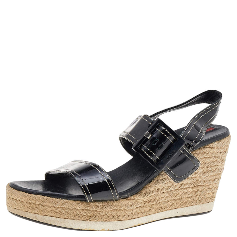 Pre Owned Prada Sport Black Leather Strappy Cork Wedge Platform Sandals Size 38.5