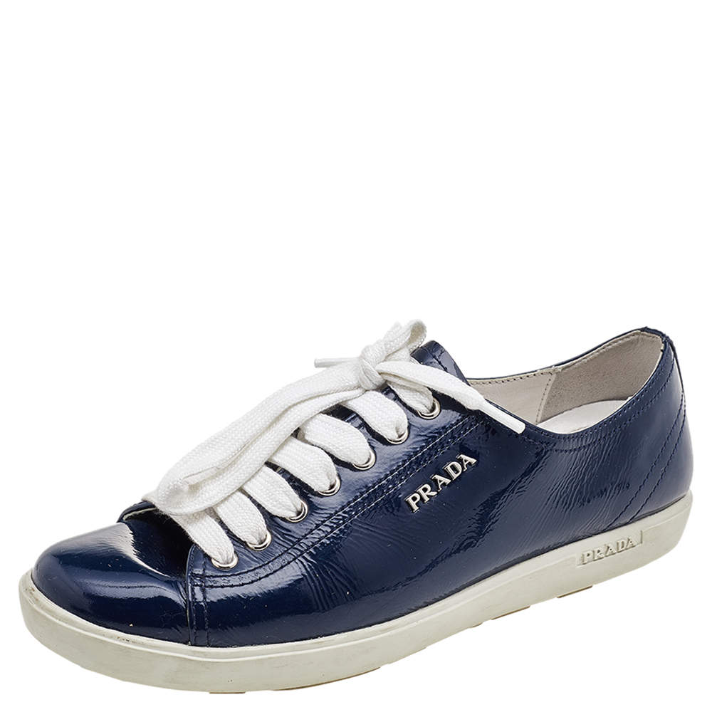 Pre Owned Prada Sport Blue Patent Leather Low Top Sneakers Size 37.5