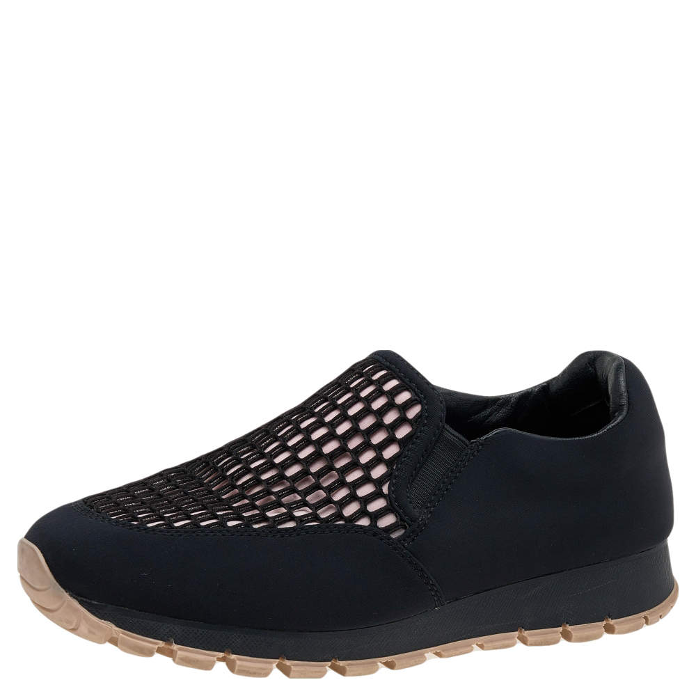 Pre Owned Prada Sport Black/Pink Mesh And Neoprene Slip On Sneakers Size 36.5