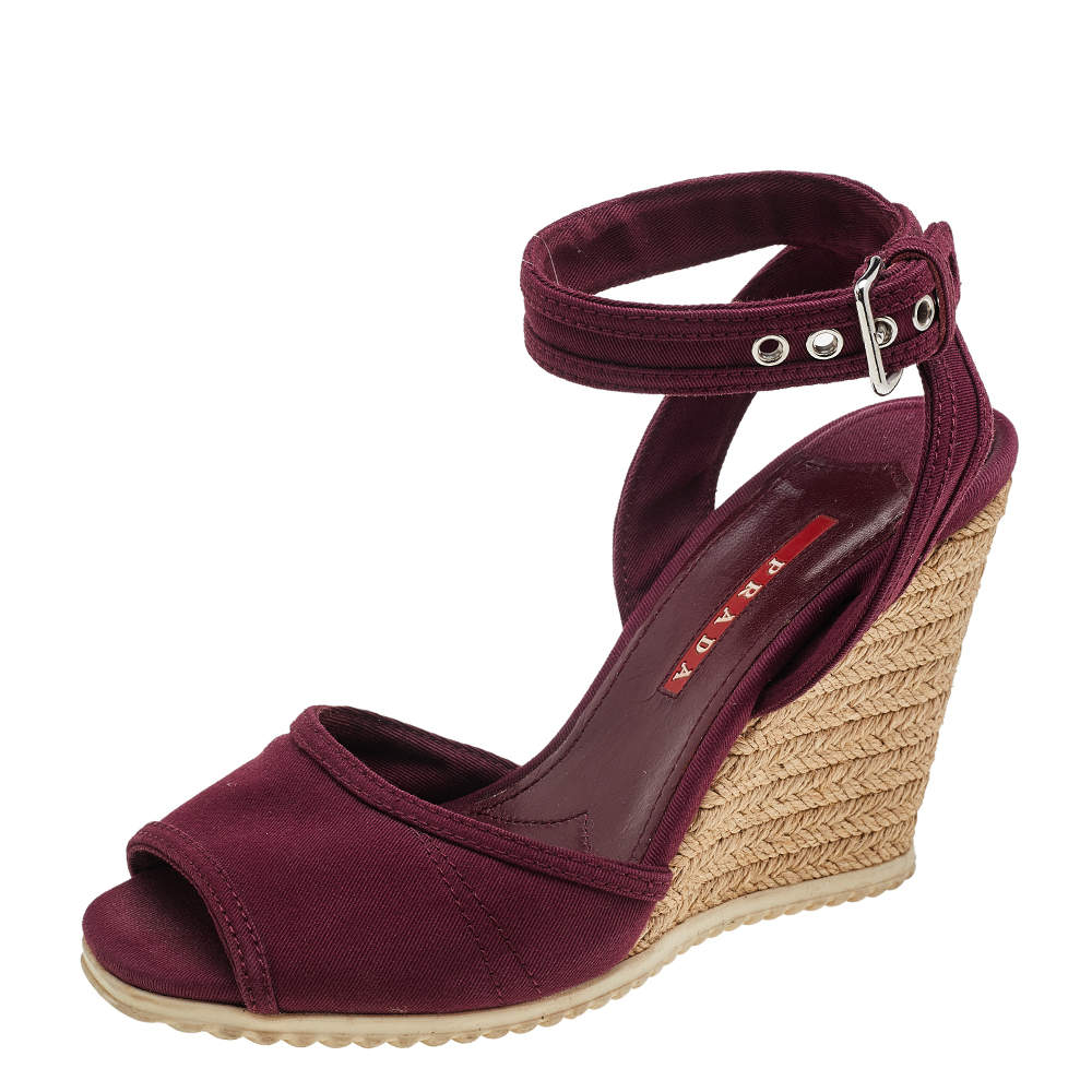 Prada Sport Burgundy Canvas Ankle Strap Wedge Sandals Size 36