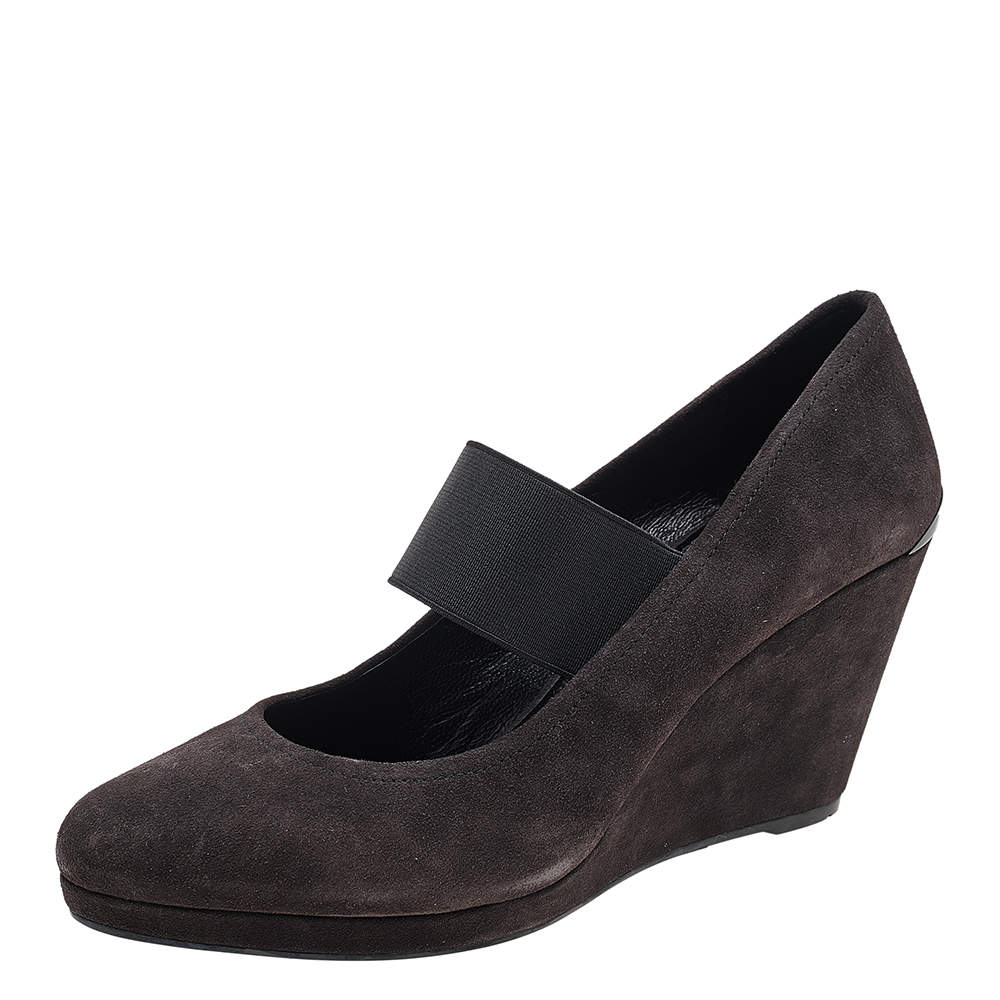 Pre Owned Prada Sport Grey Suede Mary Jane Wedge Pumps Size 39