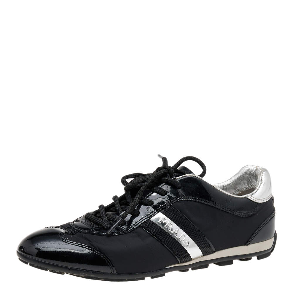 Pre Owned Prada Sport Black/Silver Nylon And Patent Leather Low Top Sneakers Size 39
