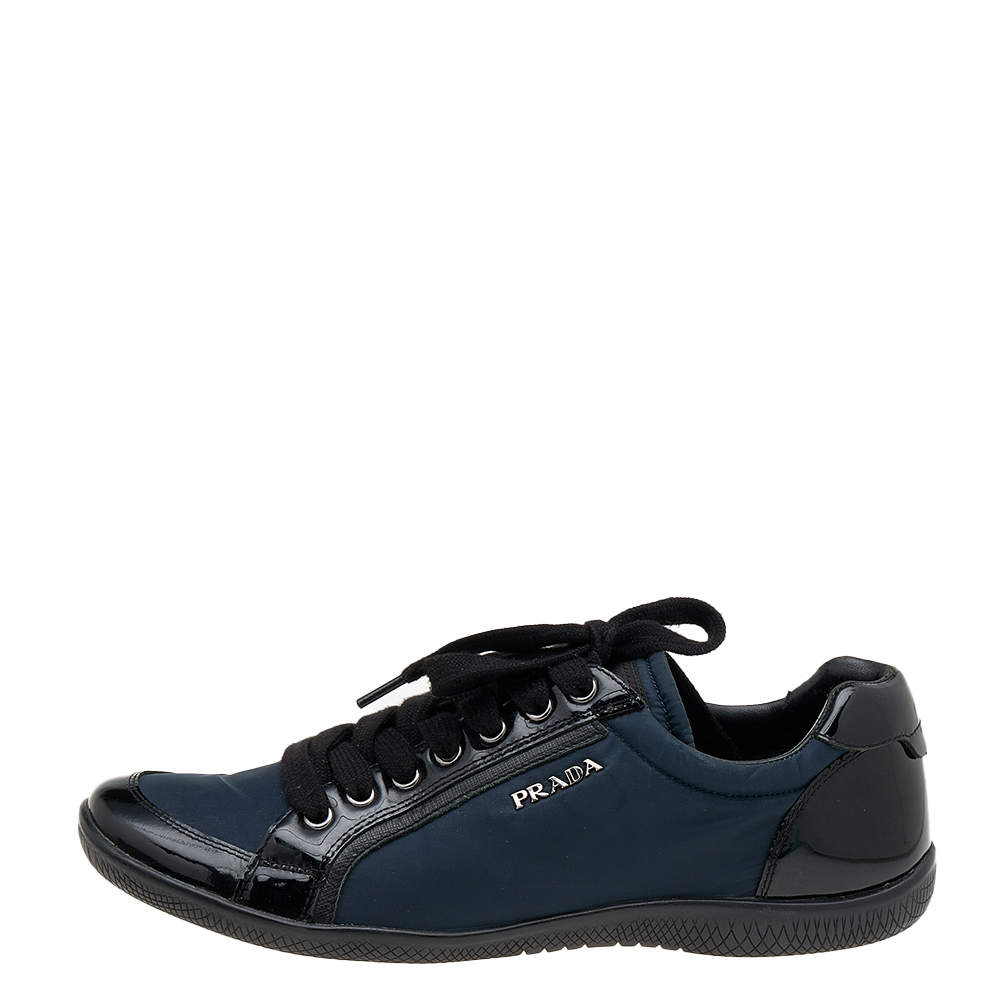 Prada Sport Black Navy Blue Patent Leather And Nylon Low Top