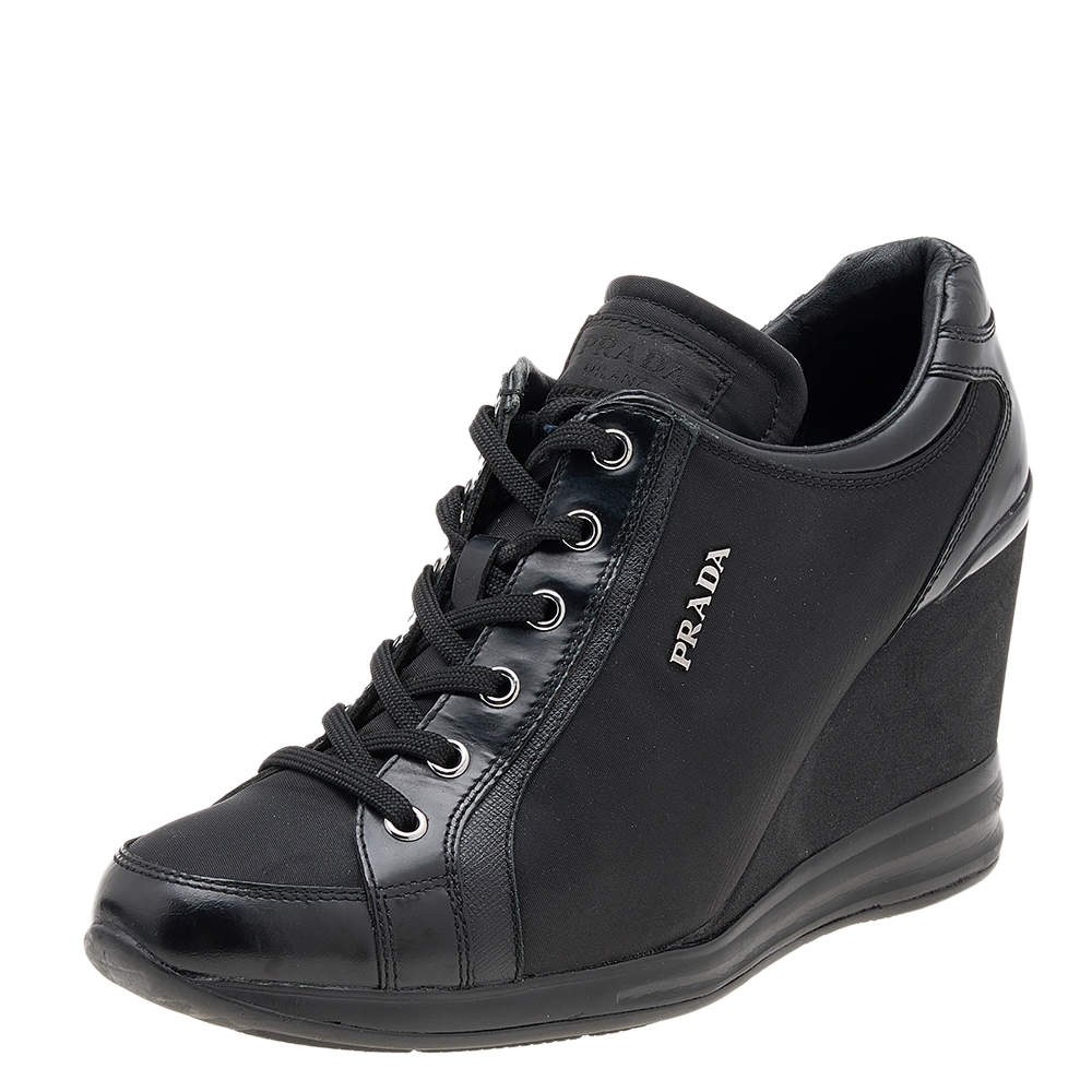 Pre Owned Prada Sport Black Leather And Nylon Lace Up Wedge Sneakers Size 39