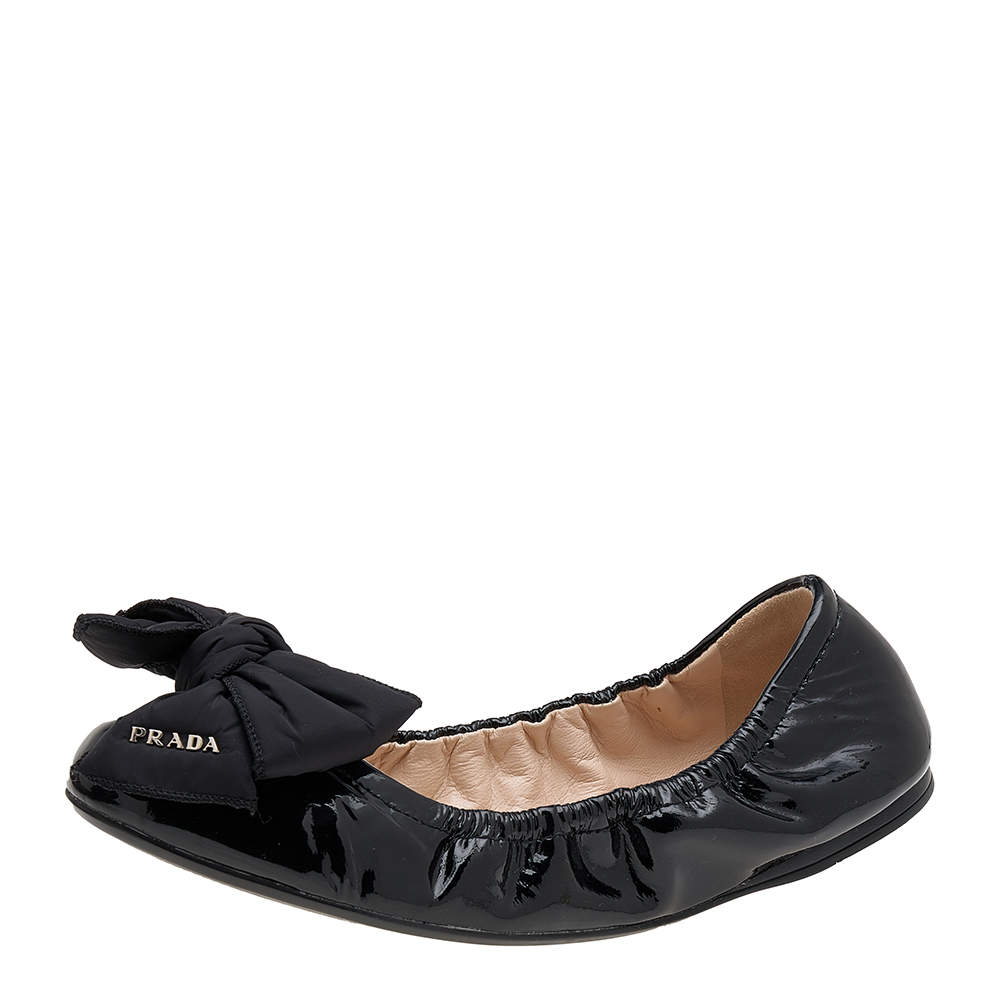 Pre Owned Prada Sport Black Patent Leather Bow Logo Scrunch Ballet Flats Size 37.5