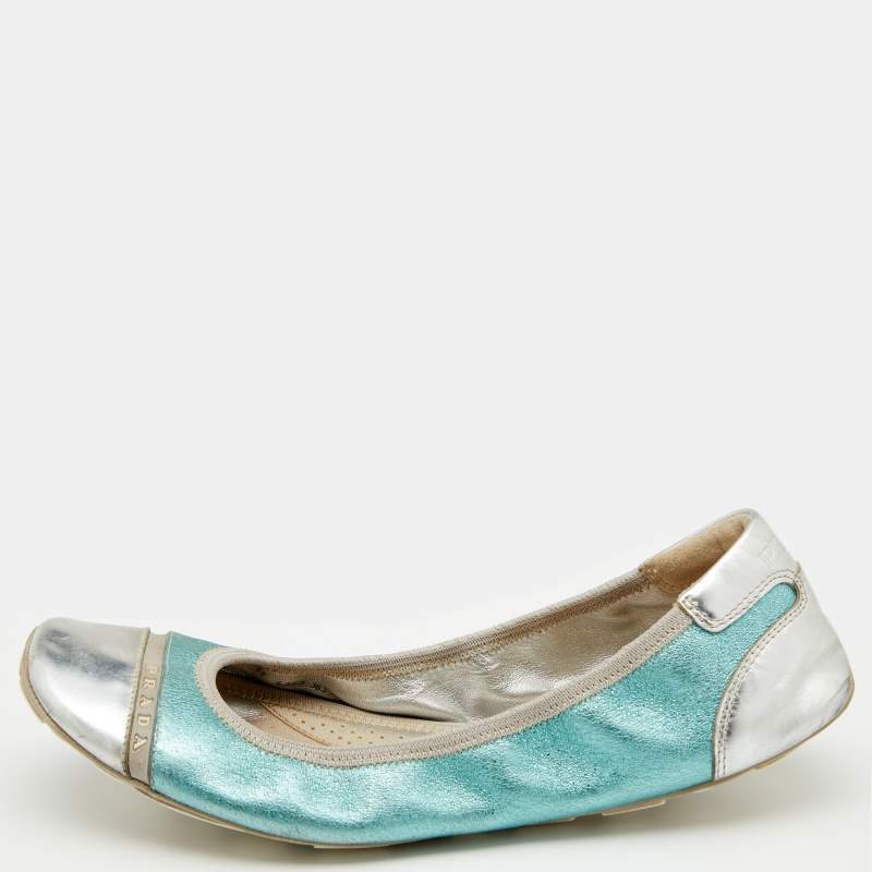 Pre Owned Prada Sport Metallic Green/Silver Leather Scrunch Ballet Flats Size 38.5