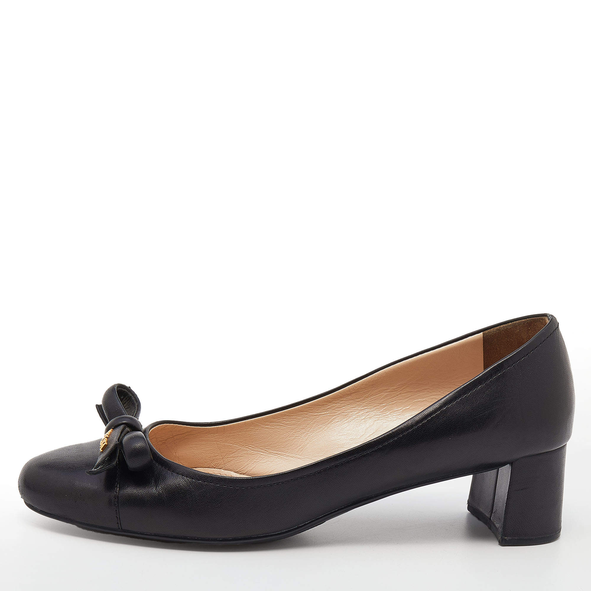 Pre Owned Prada Sports Black Leather Bow Cap Toe Block Heel Pumps Size 39.5