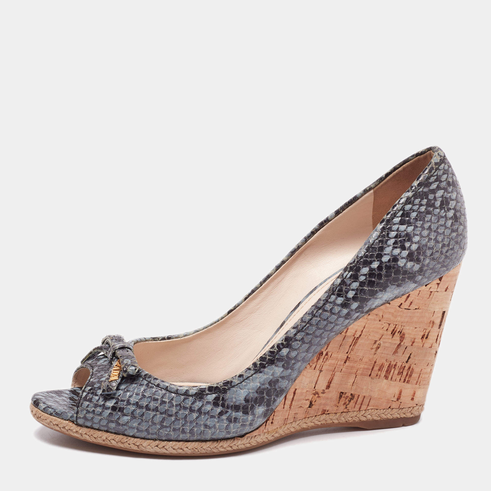 Pre Owned Prada Sport Blue Python Embossed Leather Peep Toe Wedge Espadrille Pumps Size 36