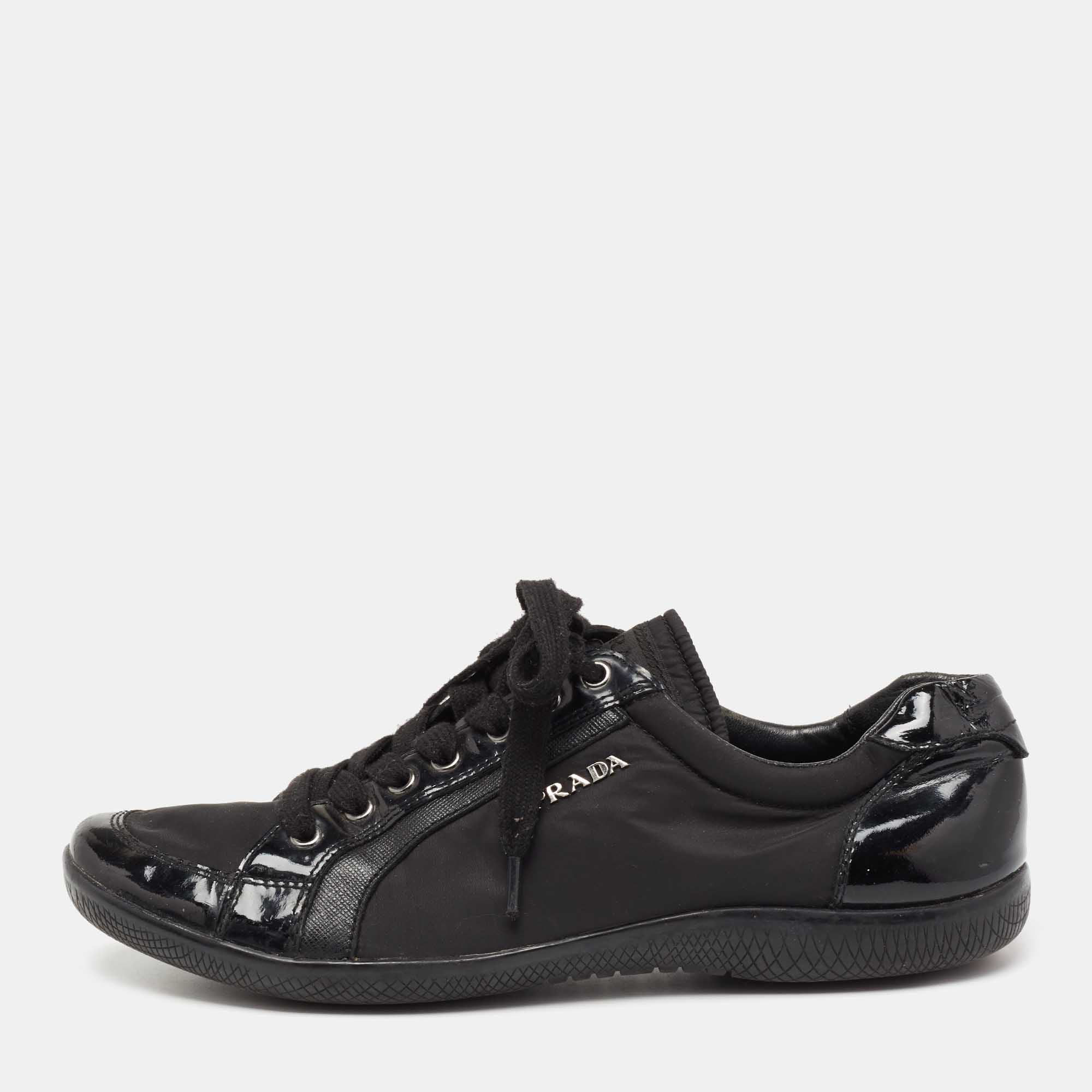 Pre Owned Prada Sport Black Patent Leather and Neoprene Low-Top Sneakers Size 39