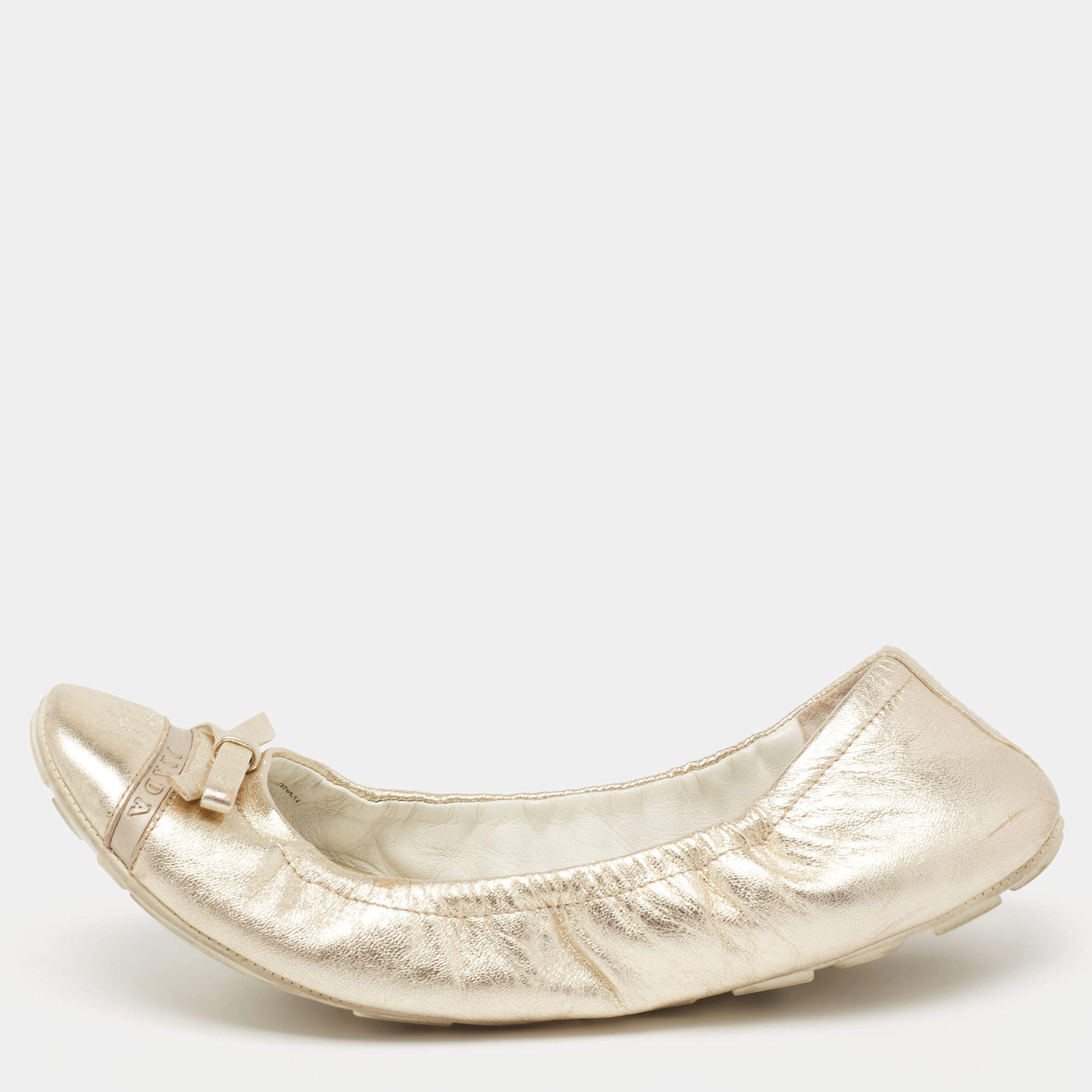 Pre Owned Prada Sport Dull Gold Leather Bow Logo Scrunch Ballet Flats Size 37
