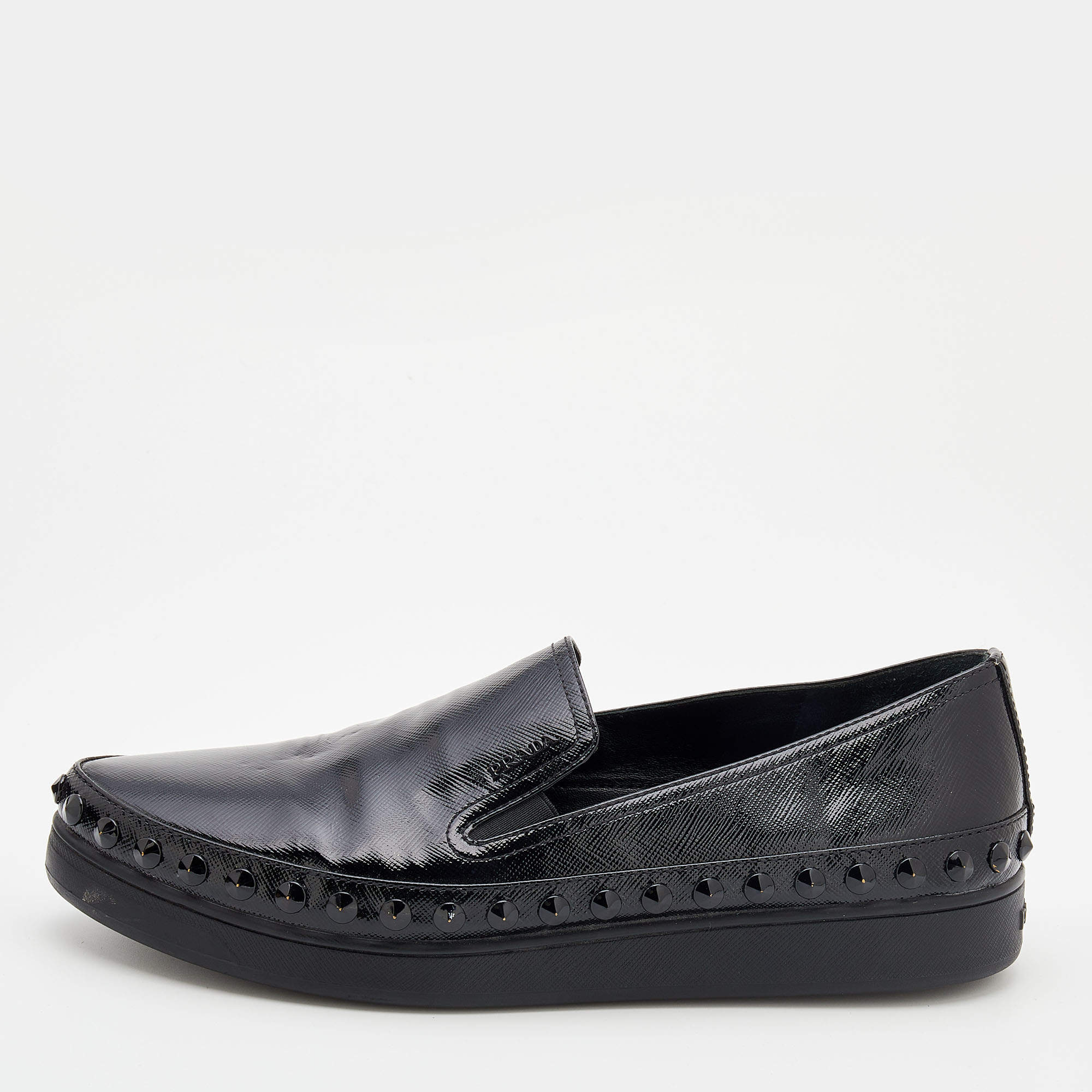Prada Sport Black Saffiano Patent Leather Studded Slip On Sneakers Size 41