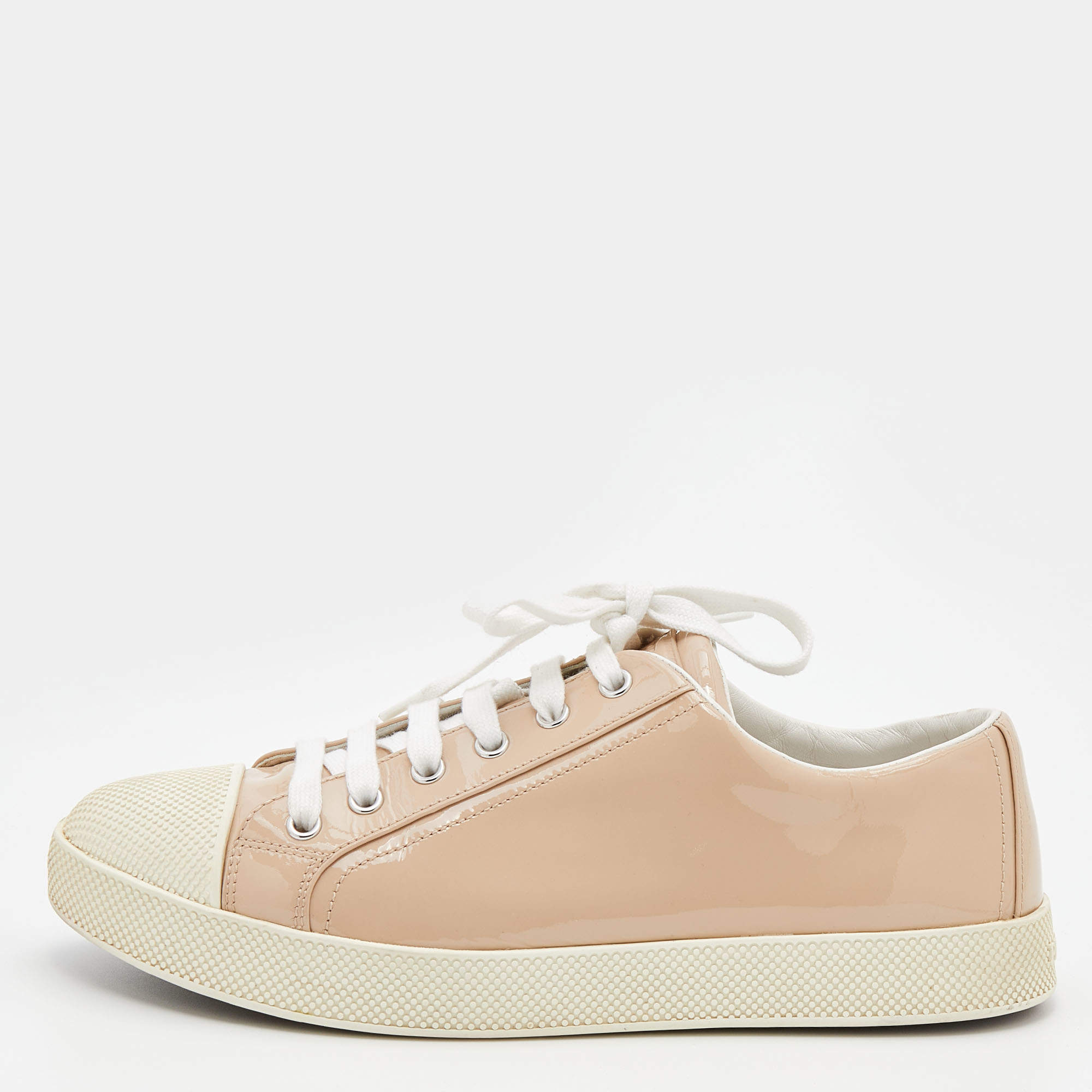 Pre Owned Prada Sport Beige Patent Leather Low Top Sneakers Size 38