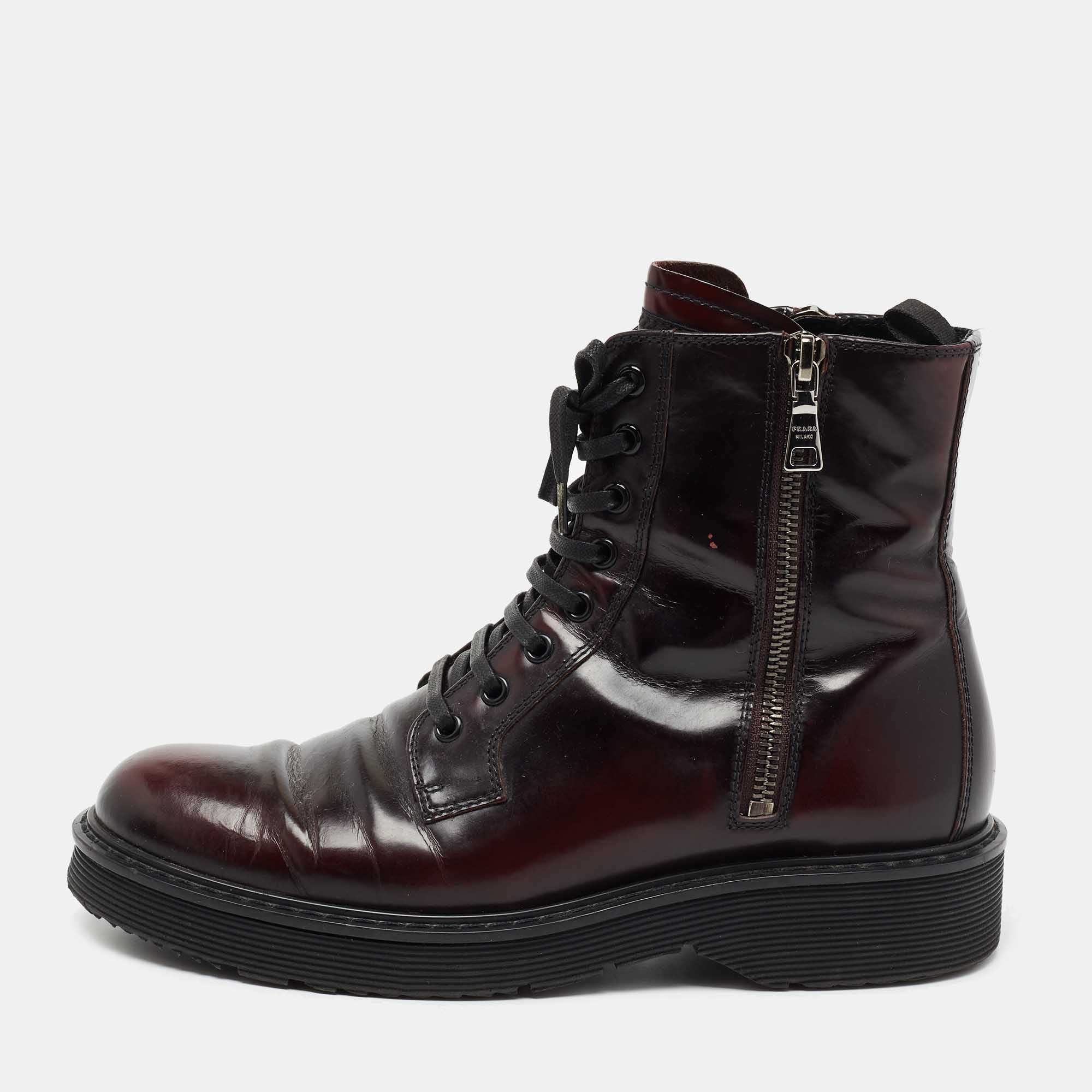 Pre Owned Prada Sport Burgundy/Black Patent Leather Ankle Boots Size 37