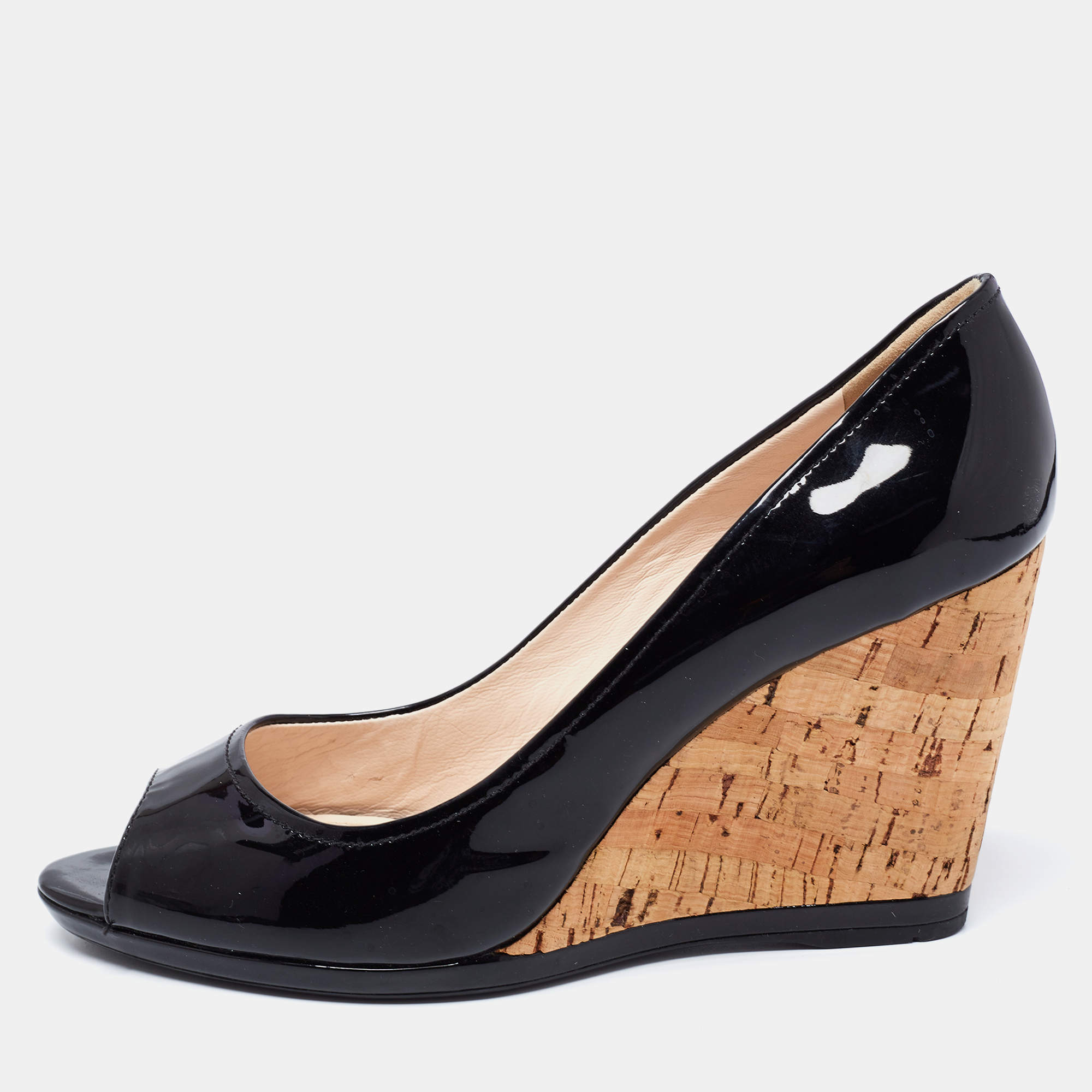 Pre Owned Prada Sport Black Patent Leather Peep Toe Cork Wedge Pumps Size 40