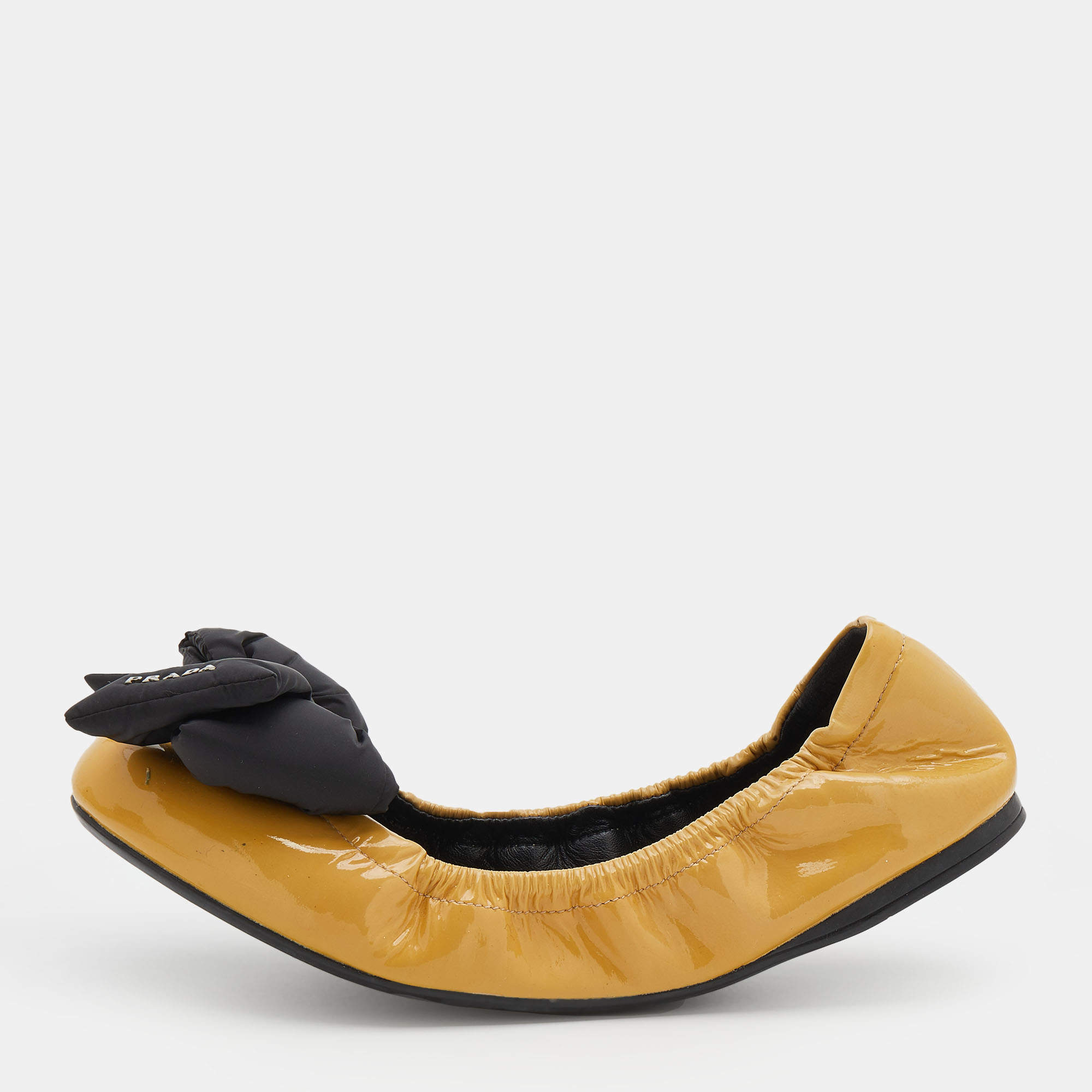 Pre Owned Prada Sport Mustard Patent Leather Bow Scrunch Ballet Flats Size 38