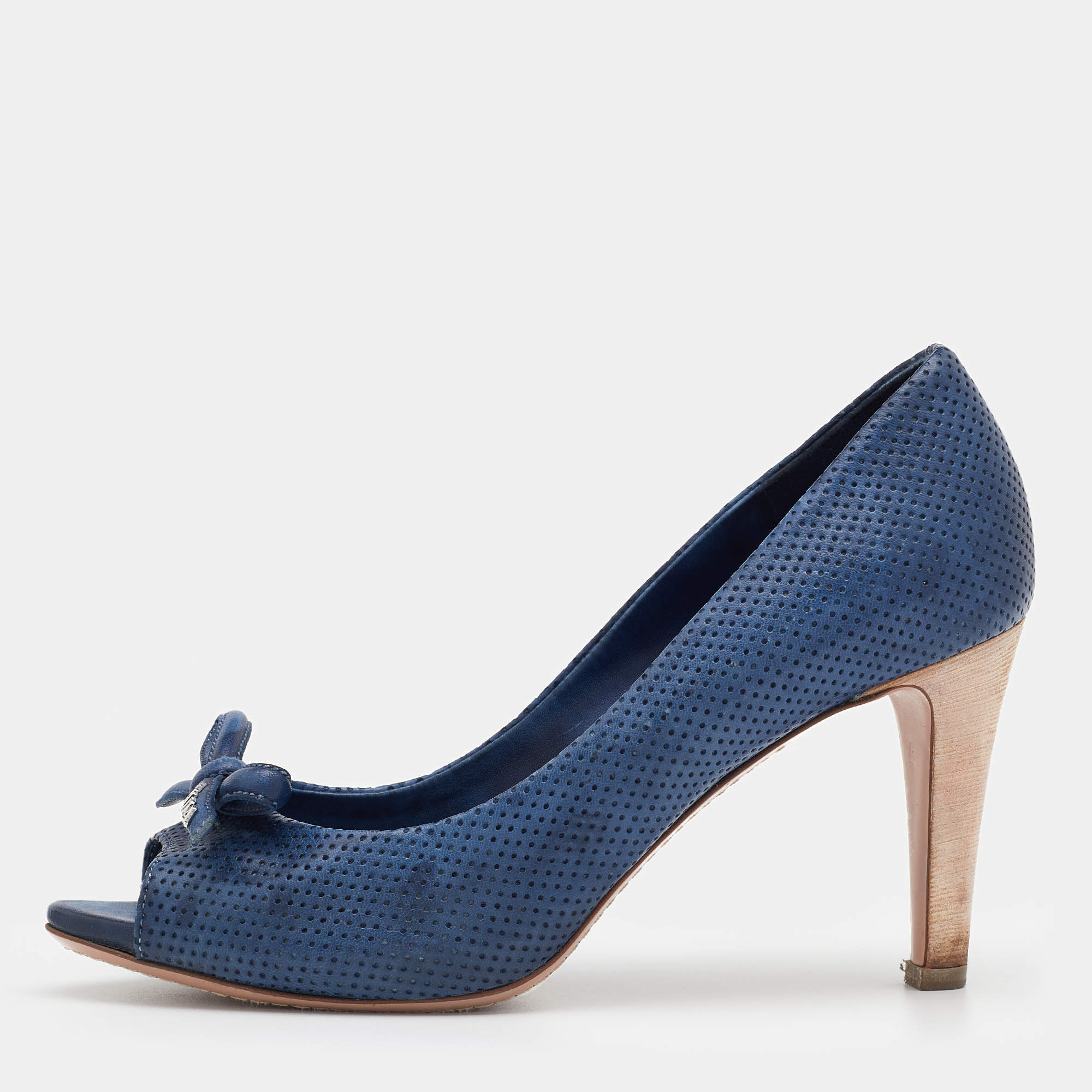 Pre Owned Prada Sport Blue Perforated Leather Bow Peep Toe Pumps Size 36