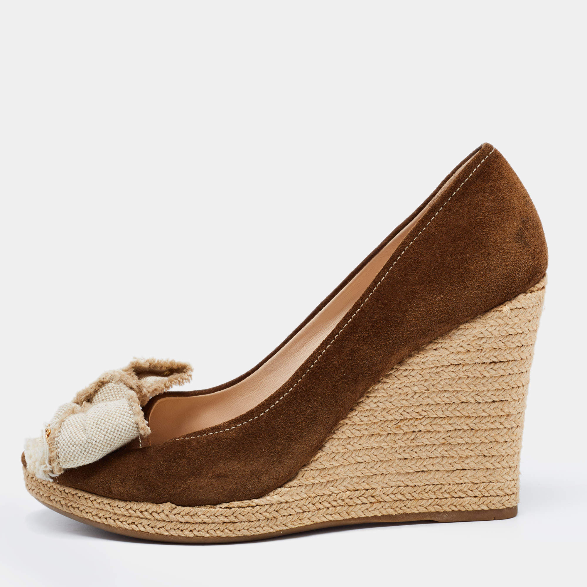 Pre Owned Prada Sport Olive Green/Beige Suede and Canvas Bow Peep Toe Espadrille Wedge Pumps Size 39