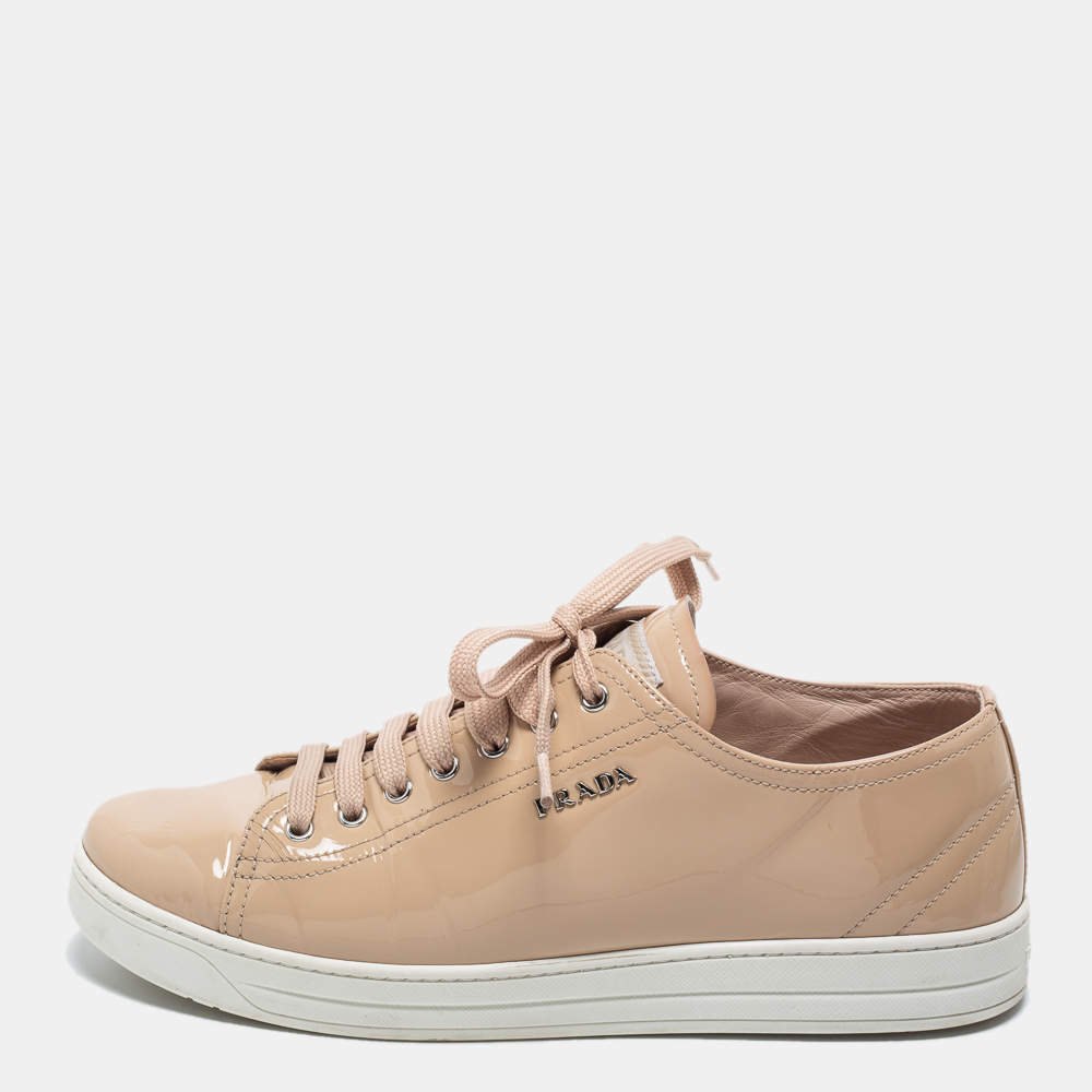 Pre Owned Prada Sport Beige Patent Leather Lace Up Sneakers Size 40
