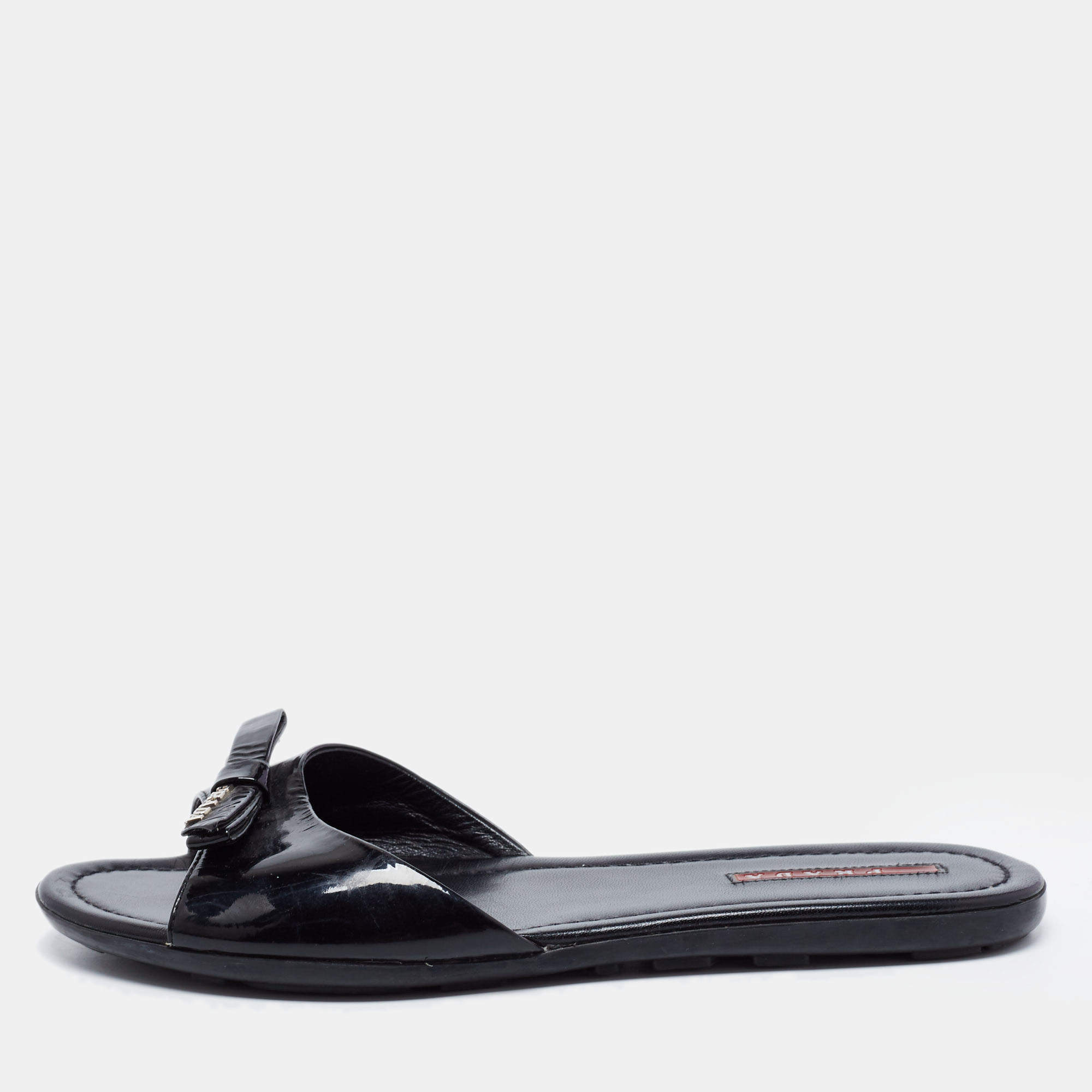 Pre Owned Prada Sport Black Patent Leather Bow Flat Slides Size 38.5