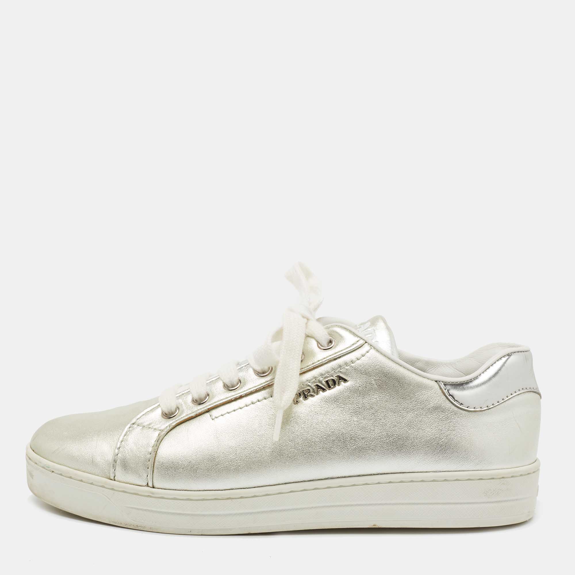 Pre Owned Prada Sport Metallic Silver Leather Low Top Sneakers Size 38.5