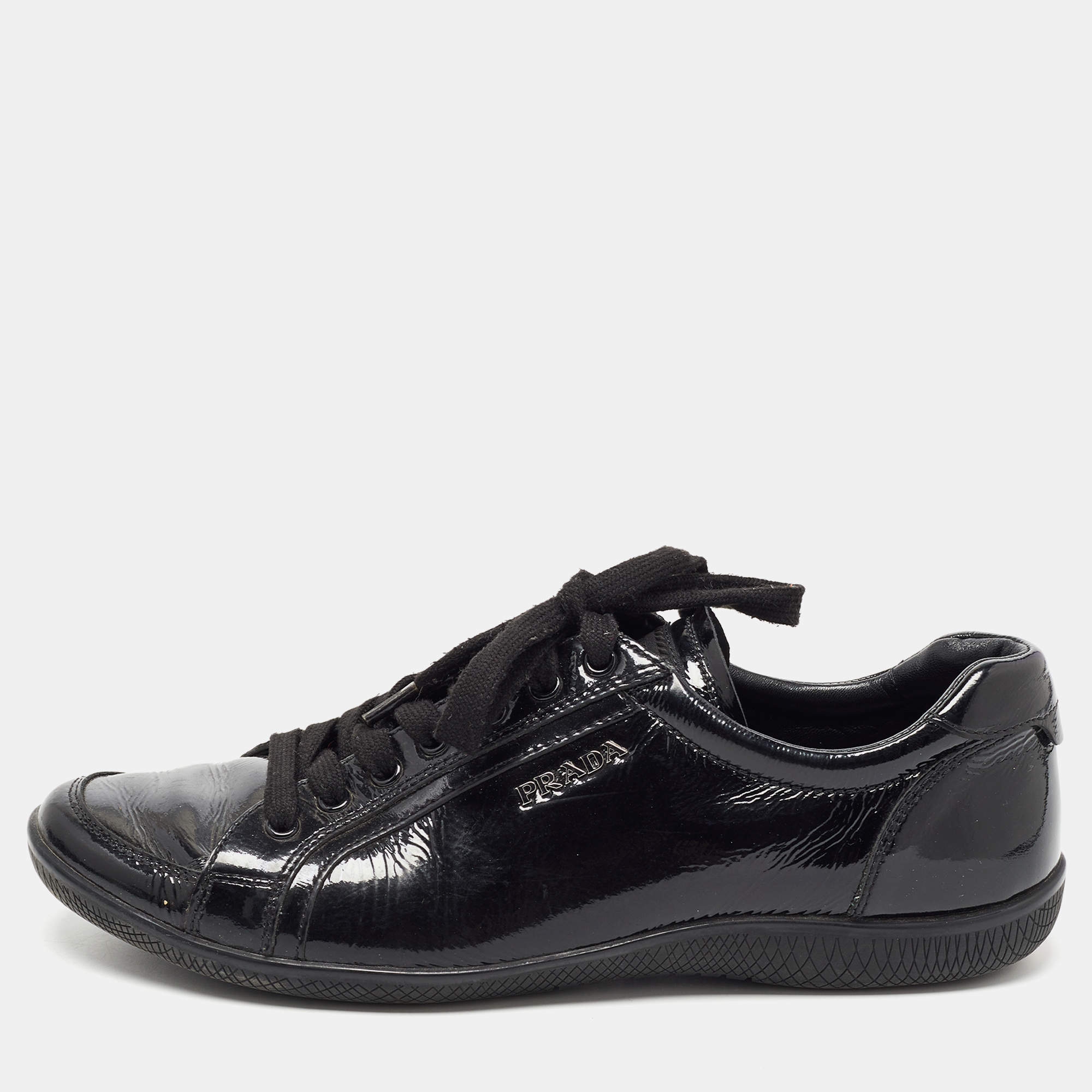 Pre Owned Prada Sport Black Patent Leather Low Top Sneakers Size 38