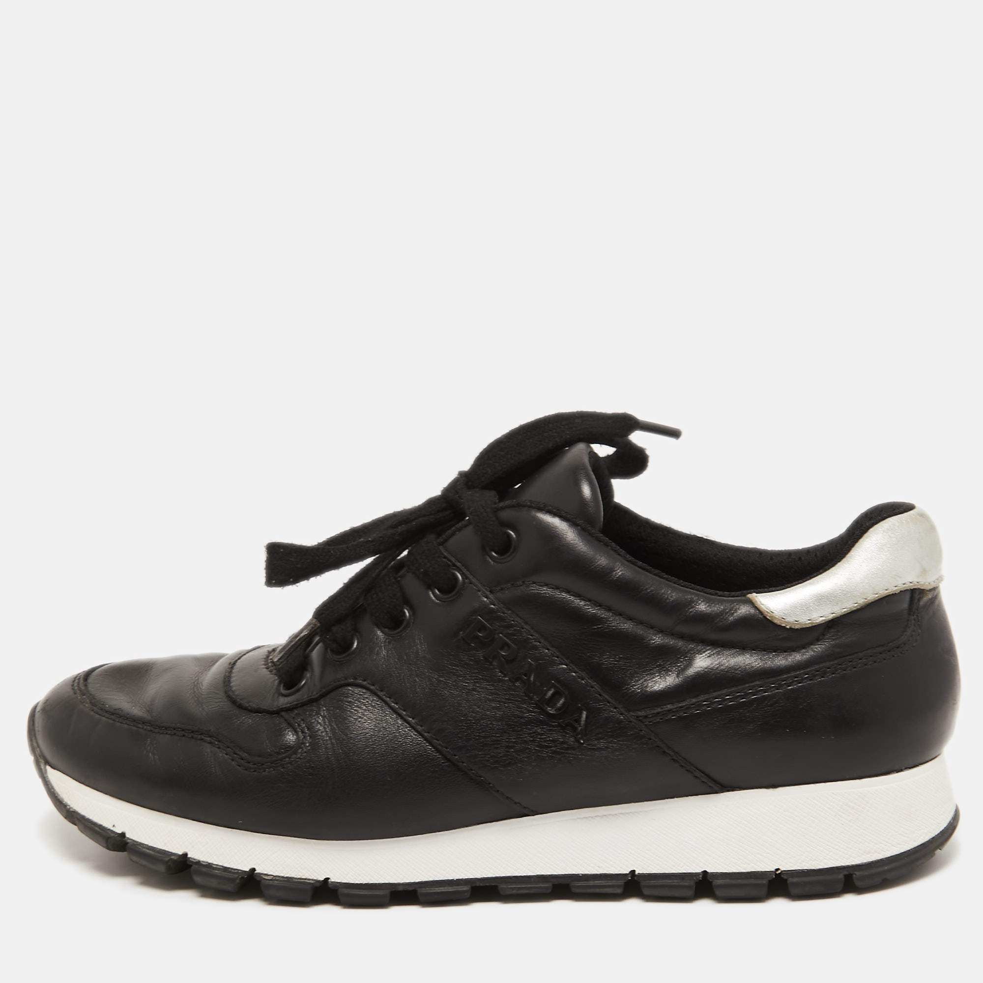 Pre Owned Prada Sport Black Leather Low Top Sneakers Size 38