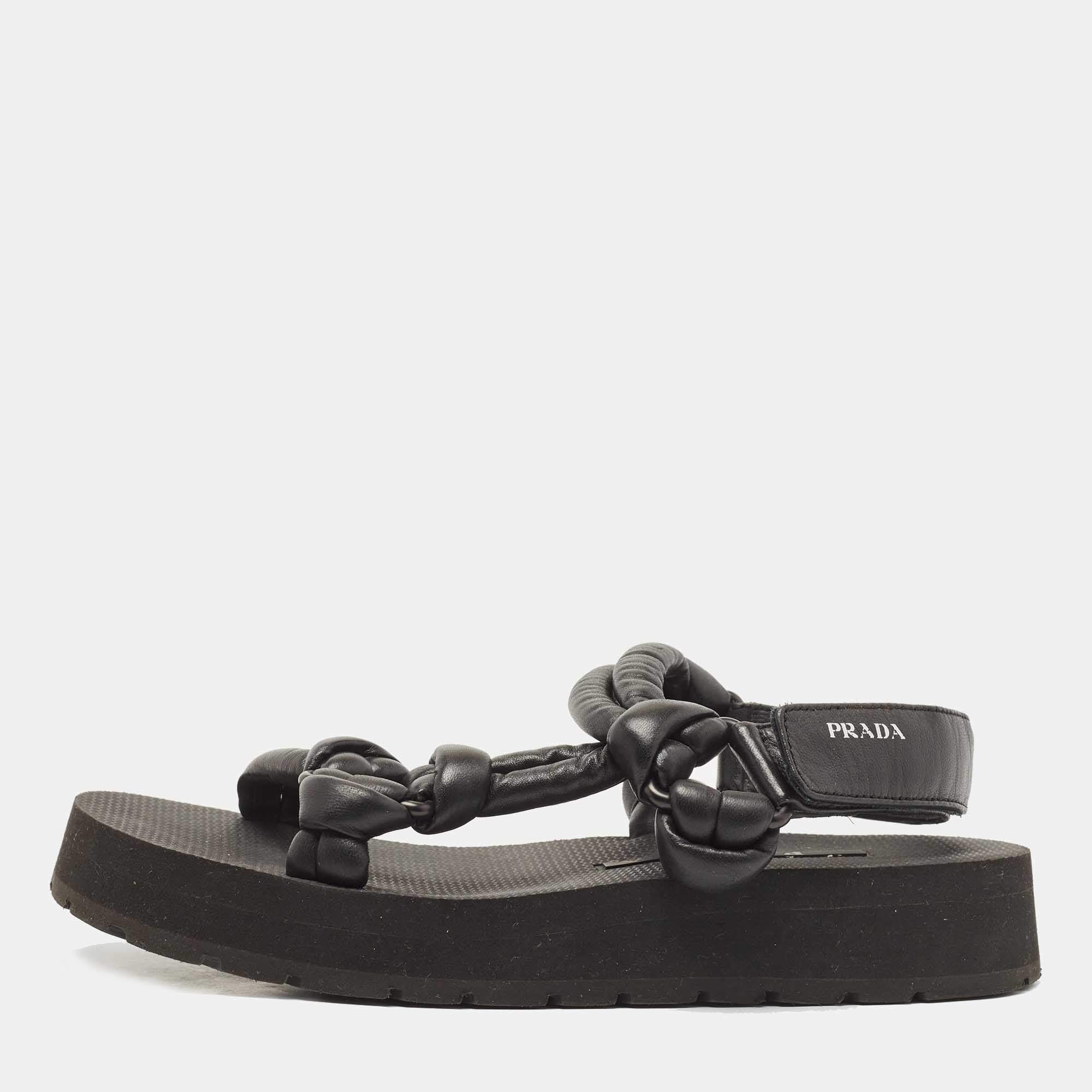 Pre Owned Prada Sport Black Leather Padded Platform Sandals Size 37