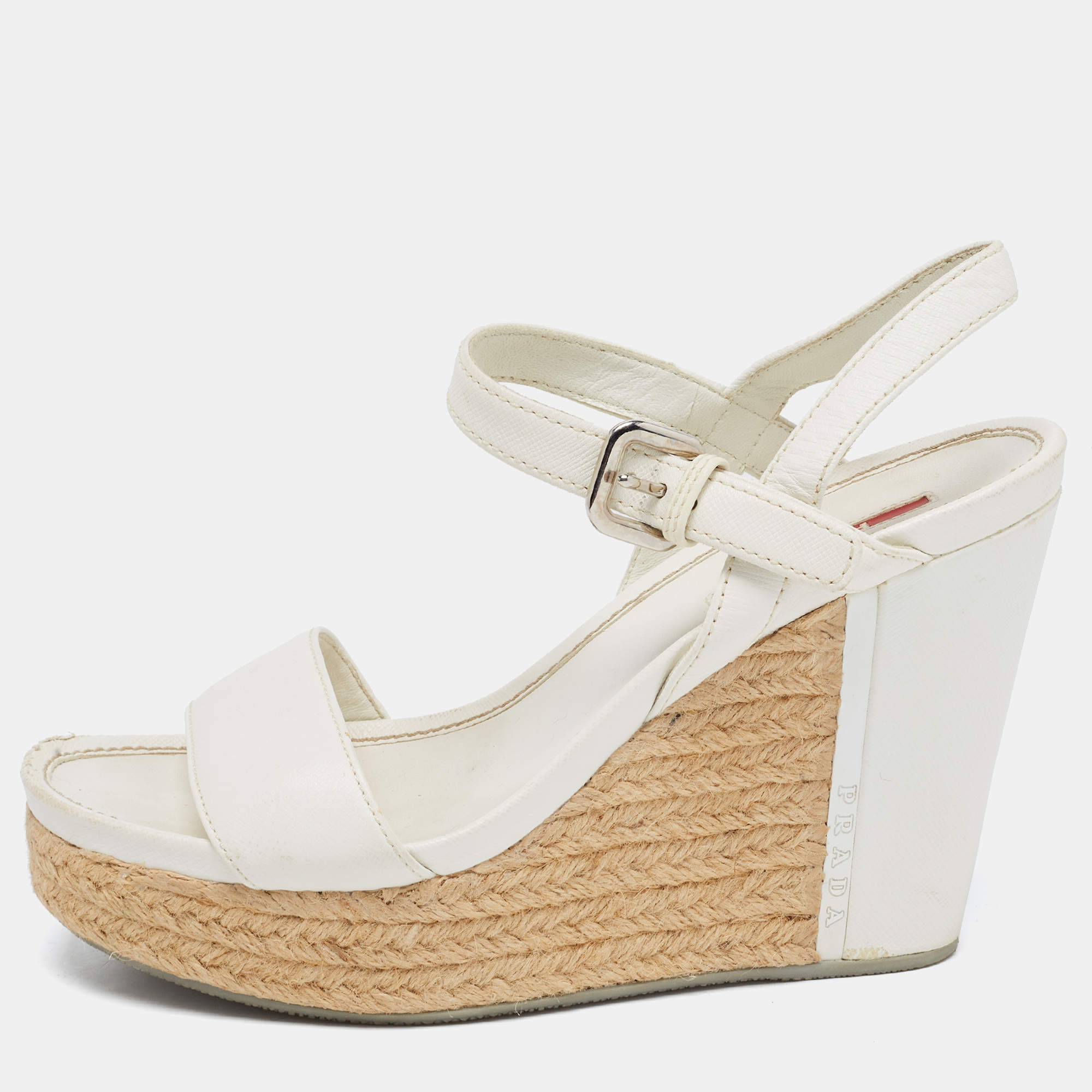 Prada Sport White Leather Espadrille Platform Wedge Sandals Size