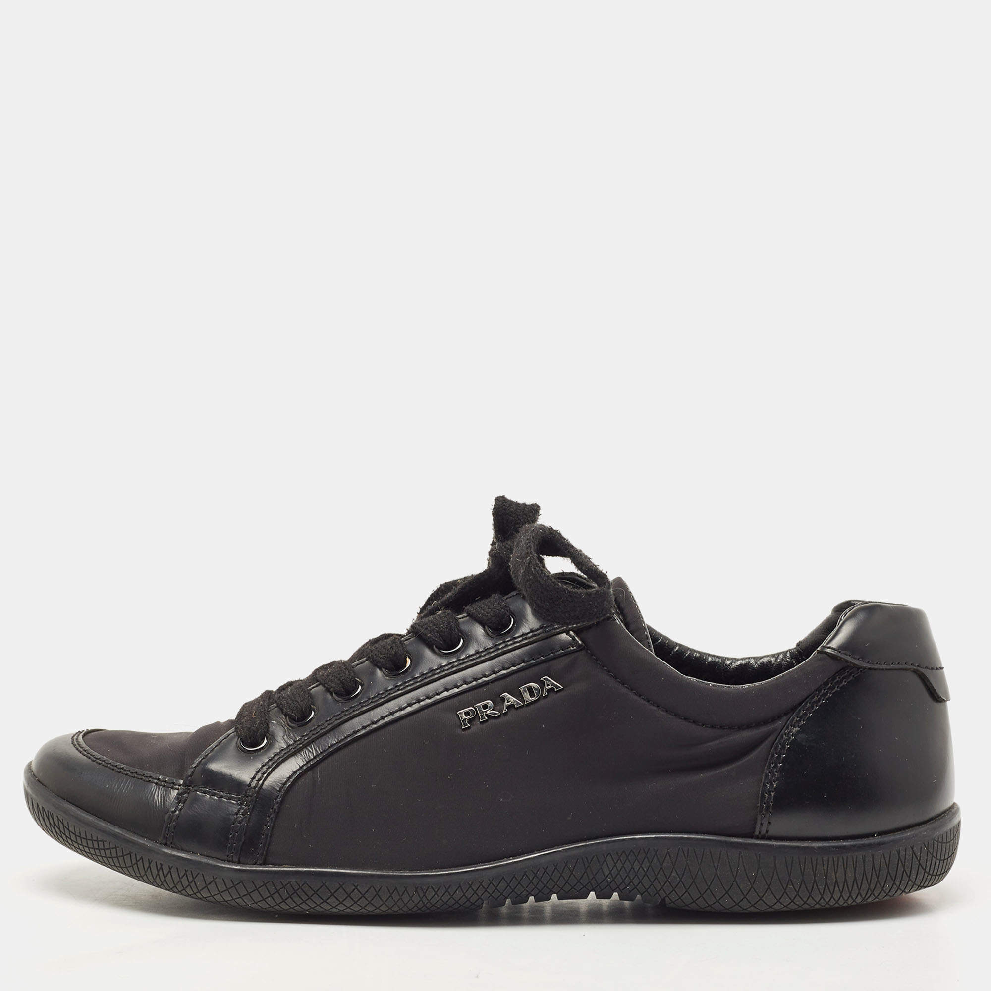 Prada Sport Black Nylon Fabric and Leather Low Top Sneakers