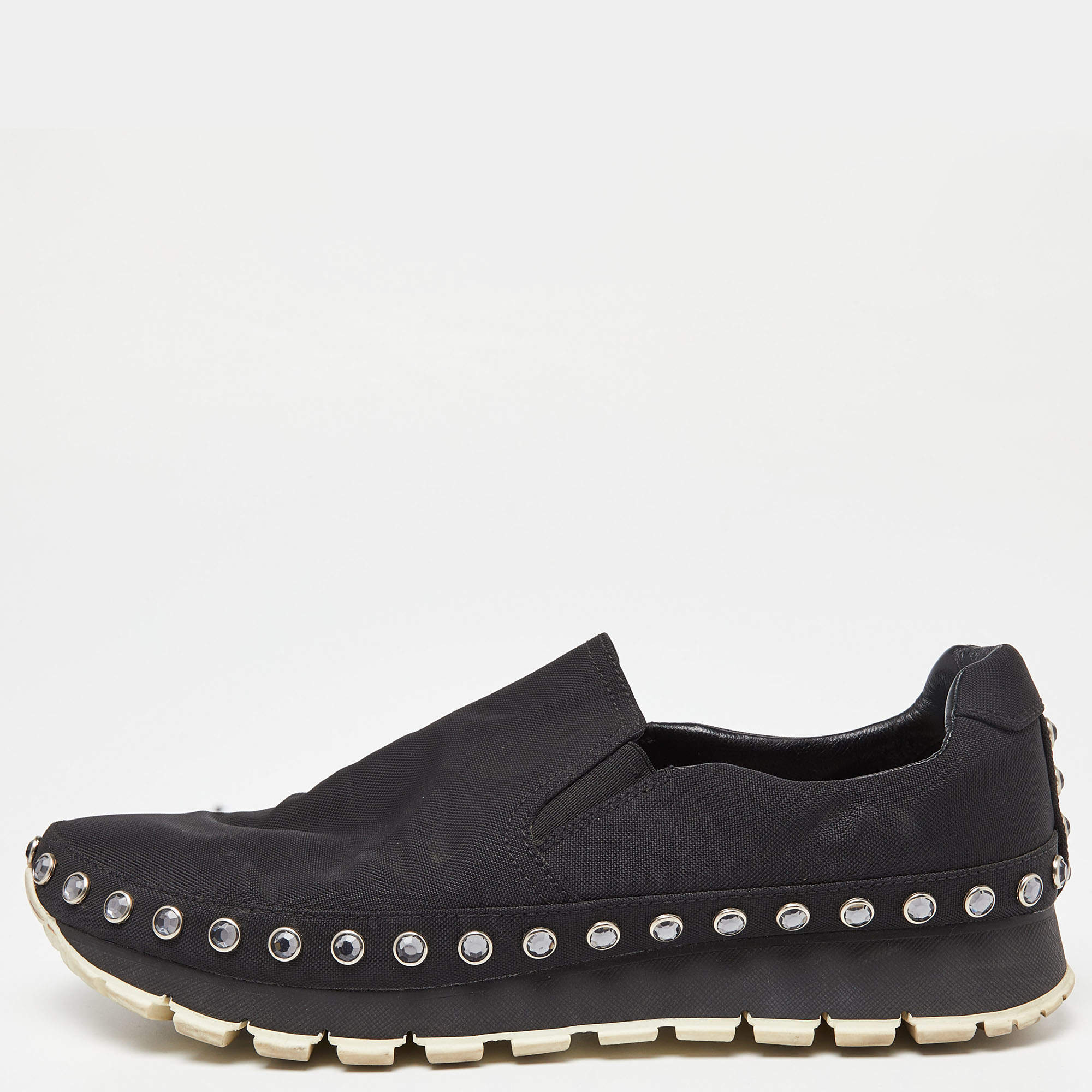 Prada Sport Black Nylon Crystals Embellished Slip On Sneakers Size 41