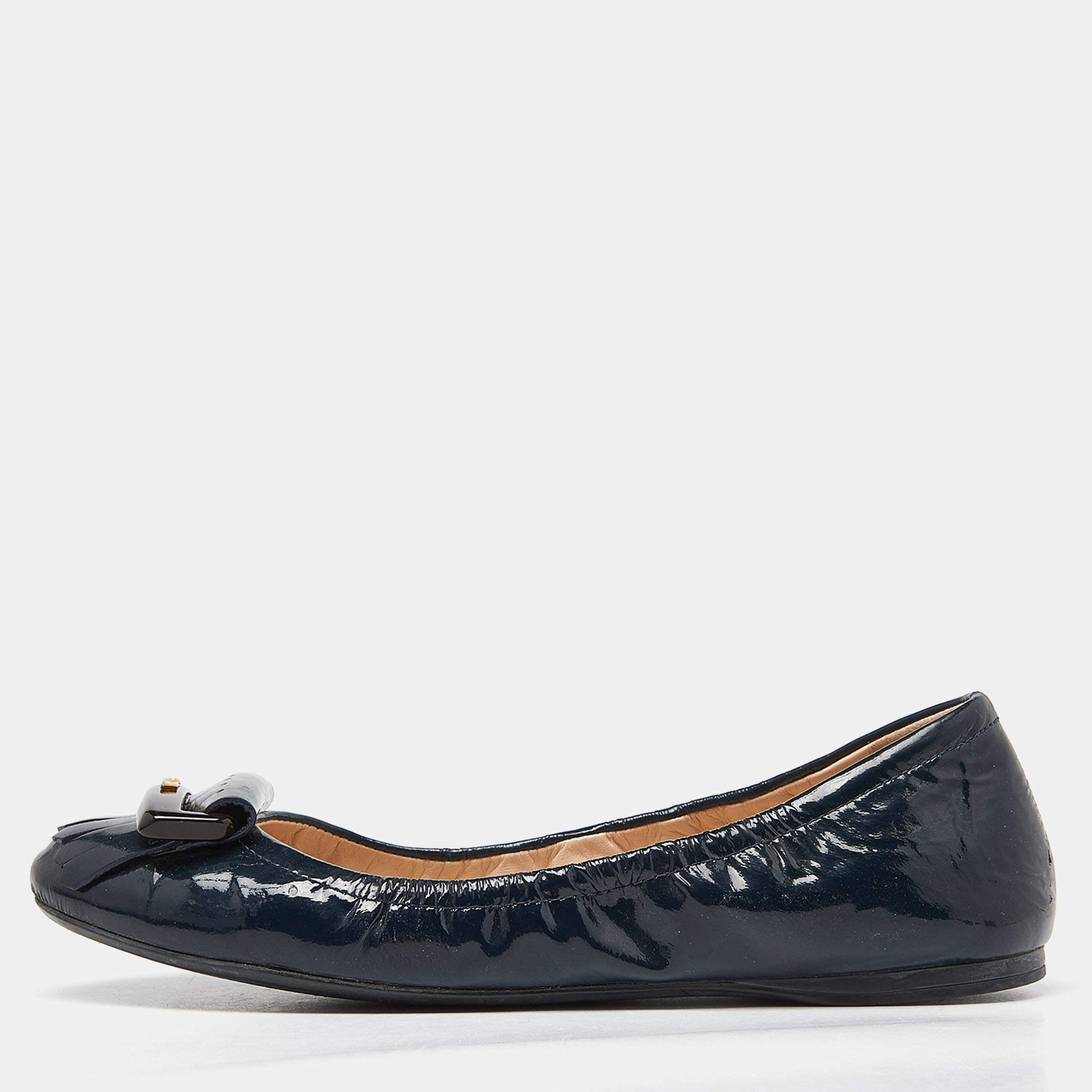 Pre Owned Prada Sport Blue Patent Leather Fringe Detail Ballet Flats Size 37