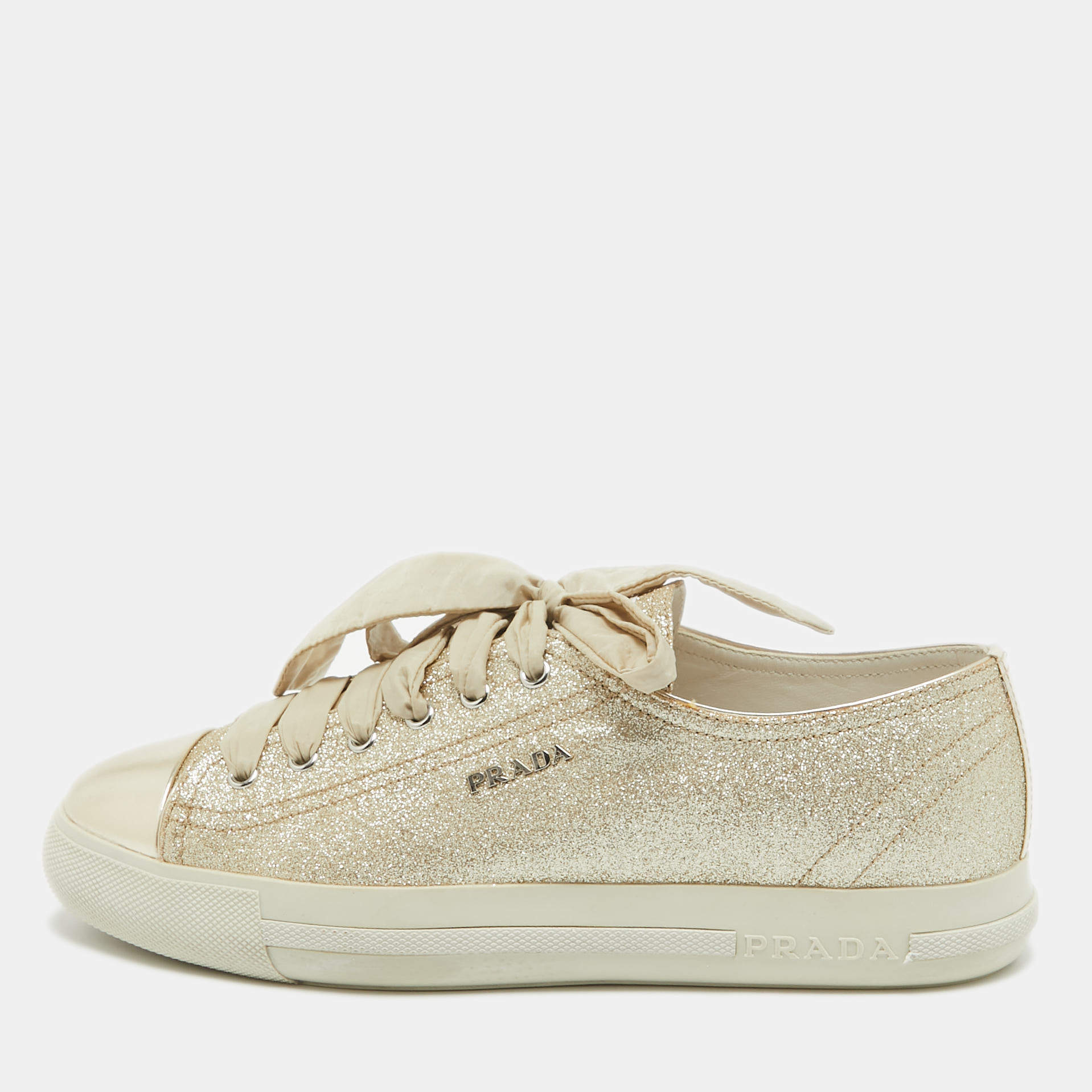 Pre Owned Prada Sport Gold Glitter Leather Cap Toe Low Top Sneakers Size 39