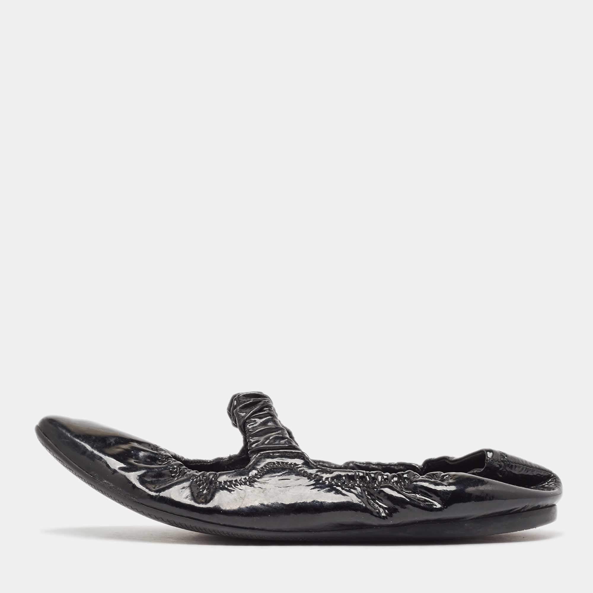 Prada Sport Black Patent Leather Scrunch Mary Jane Ballet Flats Size 39.5 