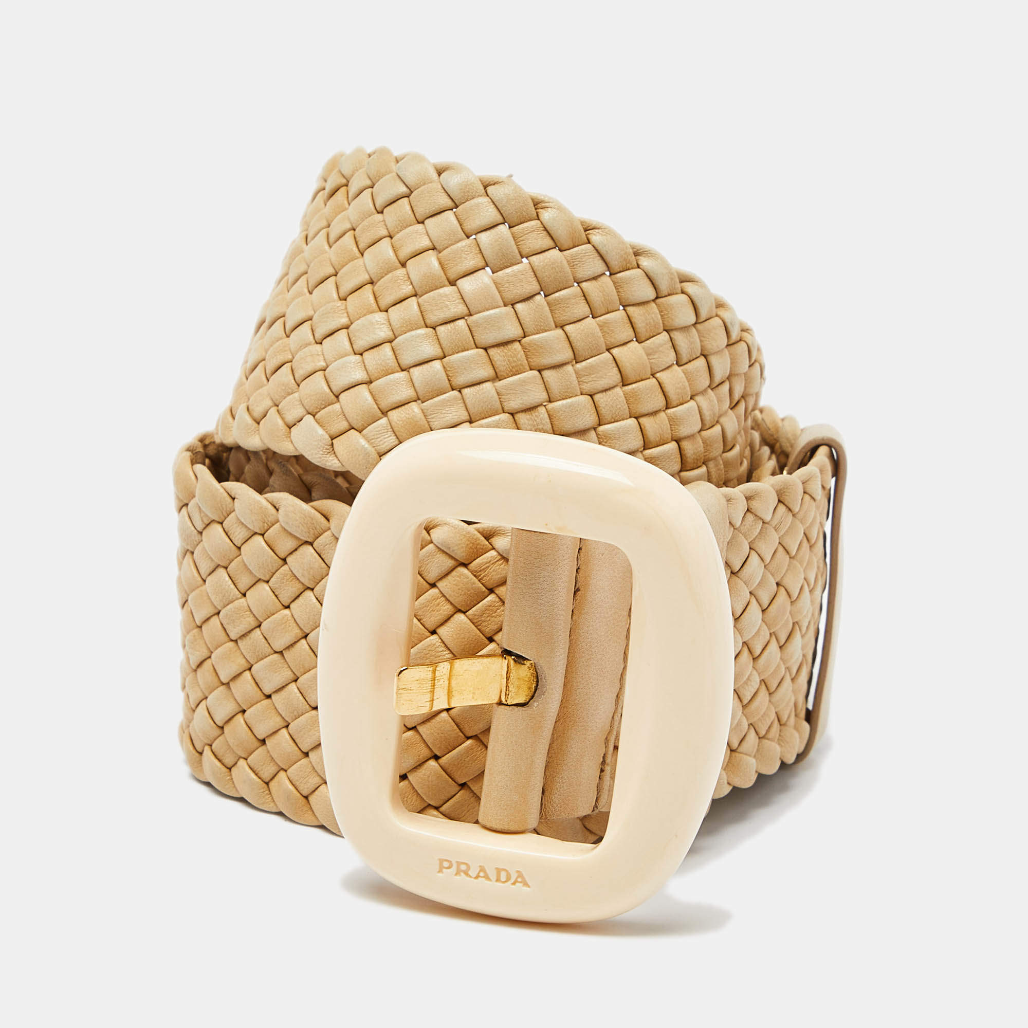 Prada Beige Woven Leather Wide Waist Belt 80CM