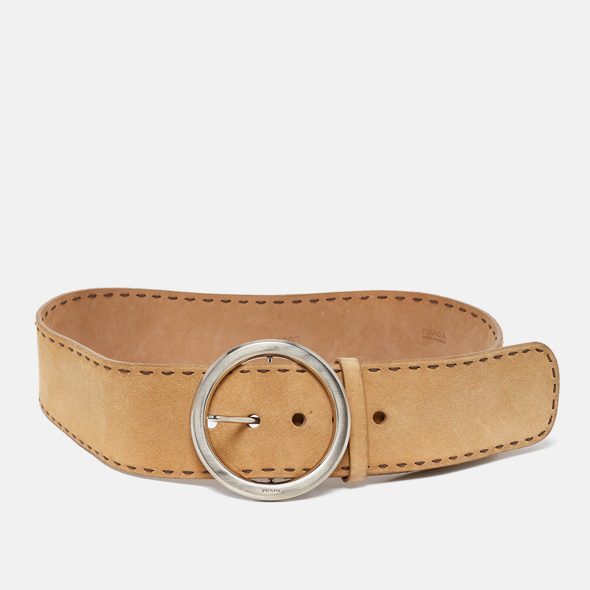 Prada Beige Suede Round Buckle Wide Belt 85CM