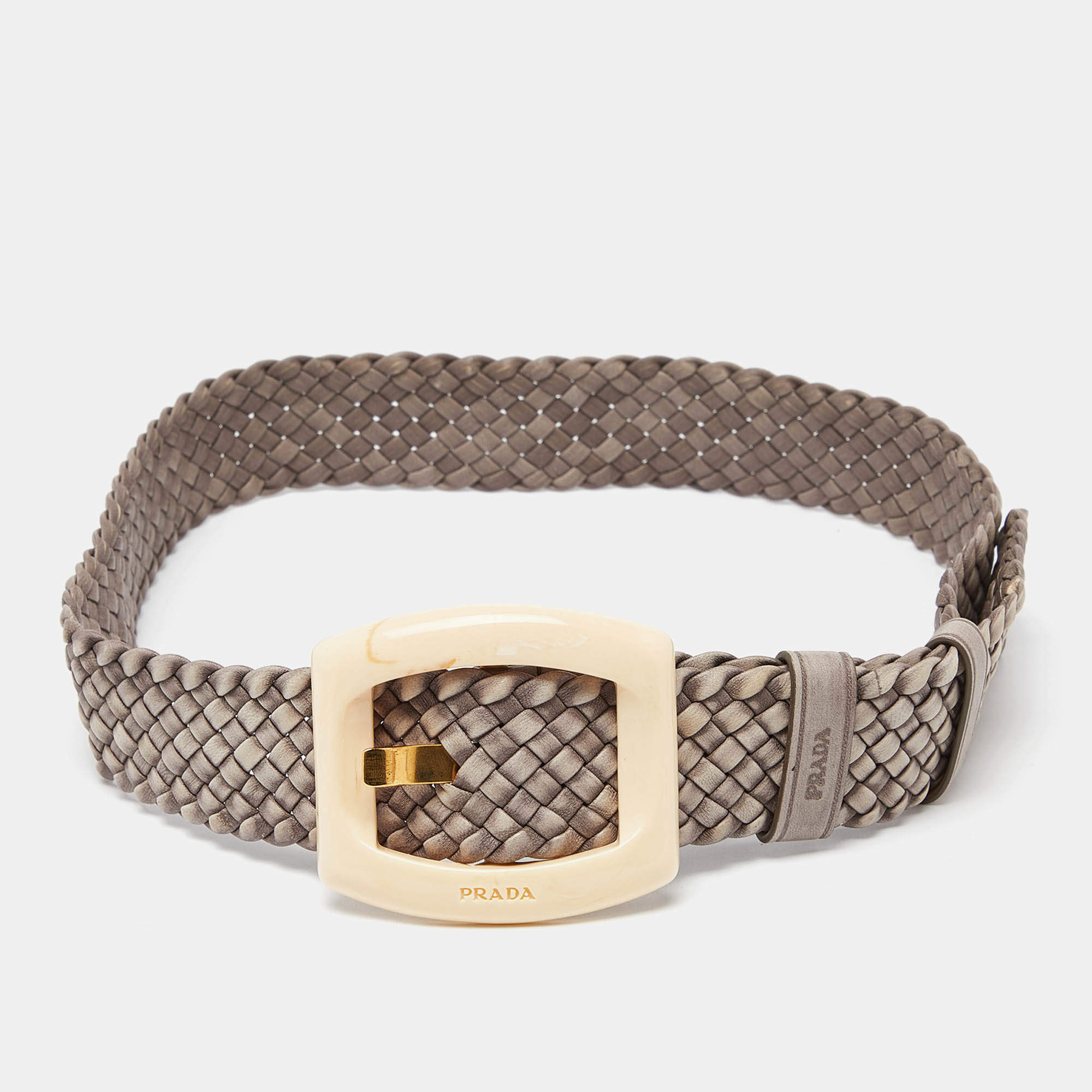Prada Grey Braided Leather Buckle Belt 80CM