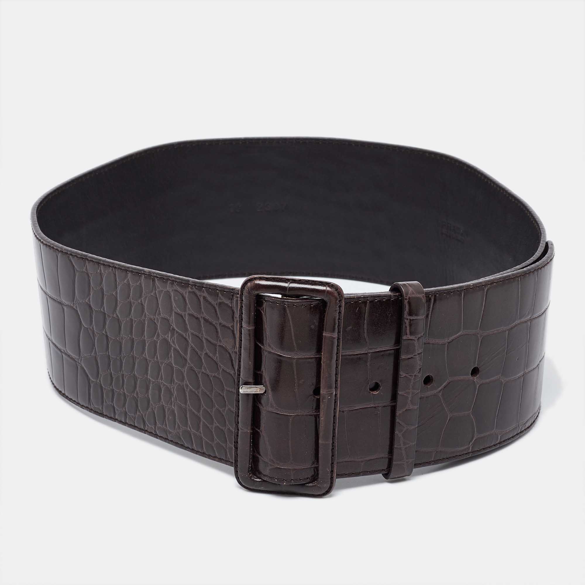 Prada Dark Brown Croc Embossed Leather Buckle Wide Belt 80CM