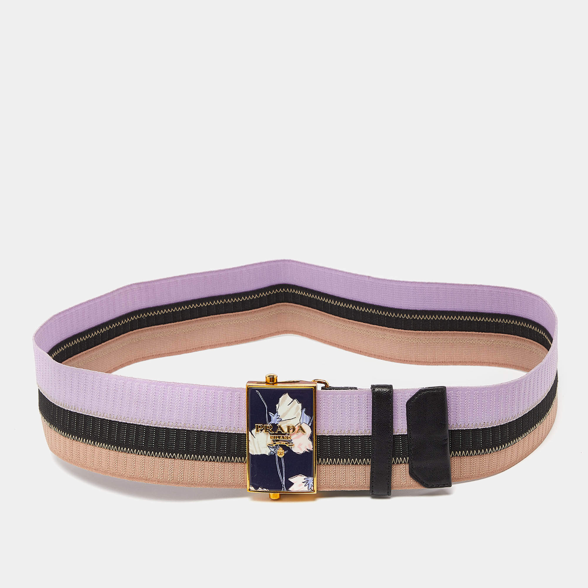 Prada Tricolor Elastic Fabric and Leather Floral Logo Plague Belt 75CM