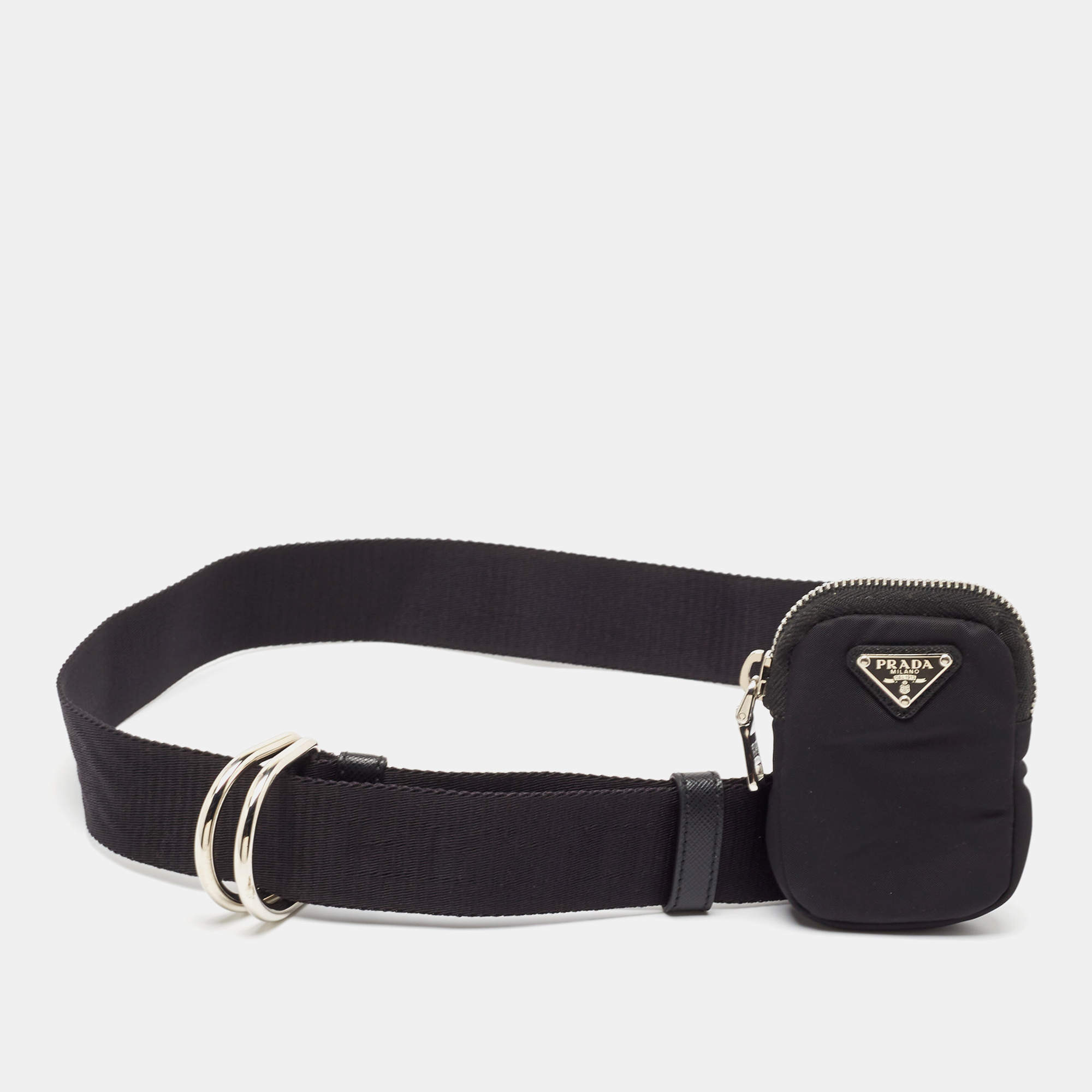 Prada Black Nylon Double Ring Pouch Detail Belt 80CM