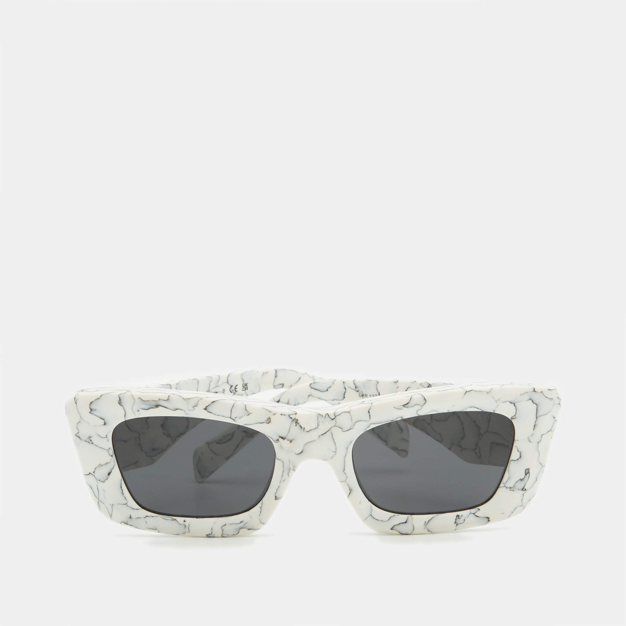 Pre Owned Prada White/Black SPR 13Z Marble Print Symbole Sunglasses 