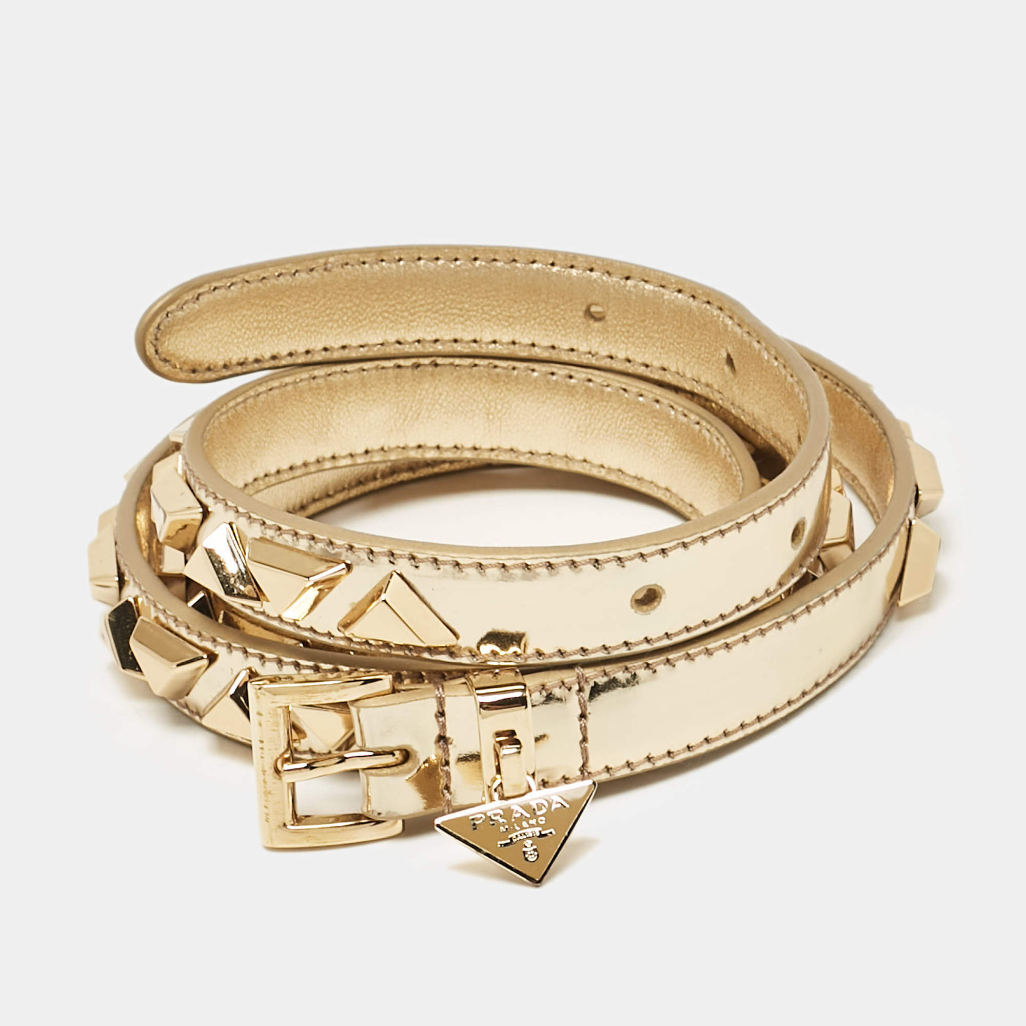Prada Gold Patent Leather Triangle Logo Studded Slim Belt 90CM