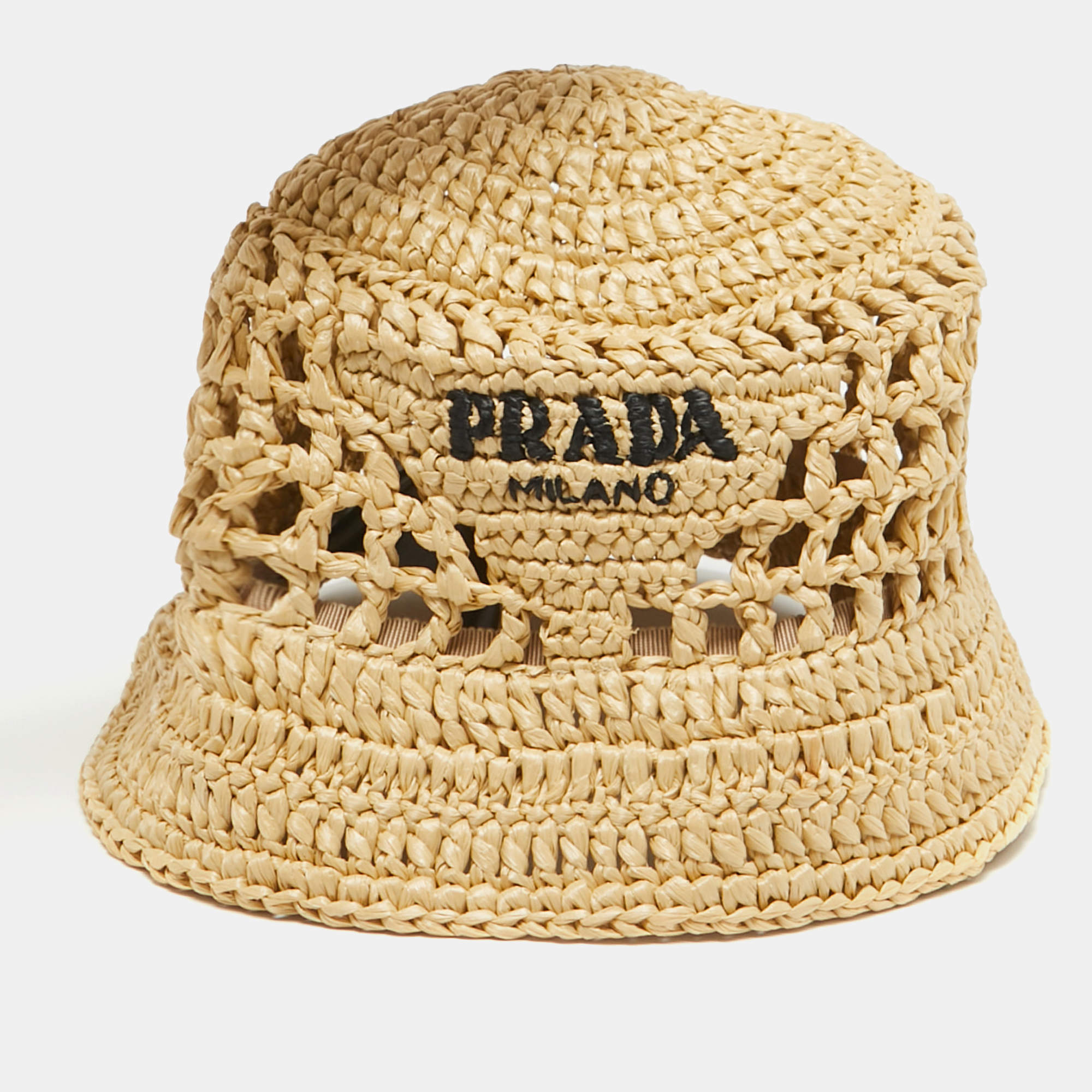 Prada Beige Logo Raffia Bucket Hat S
